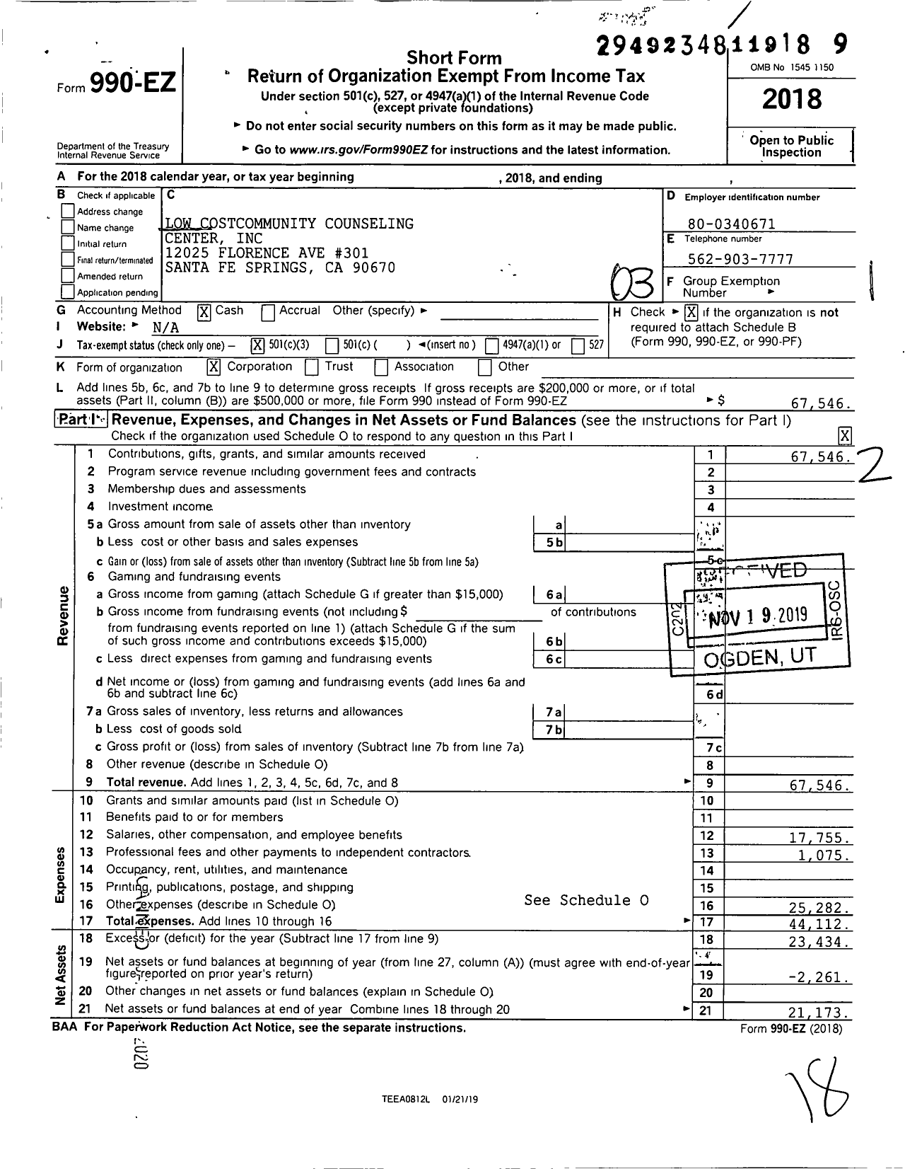 Image of first page of 2018 Form 990EZ for Low Costcommunity Counseling Center