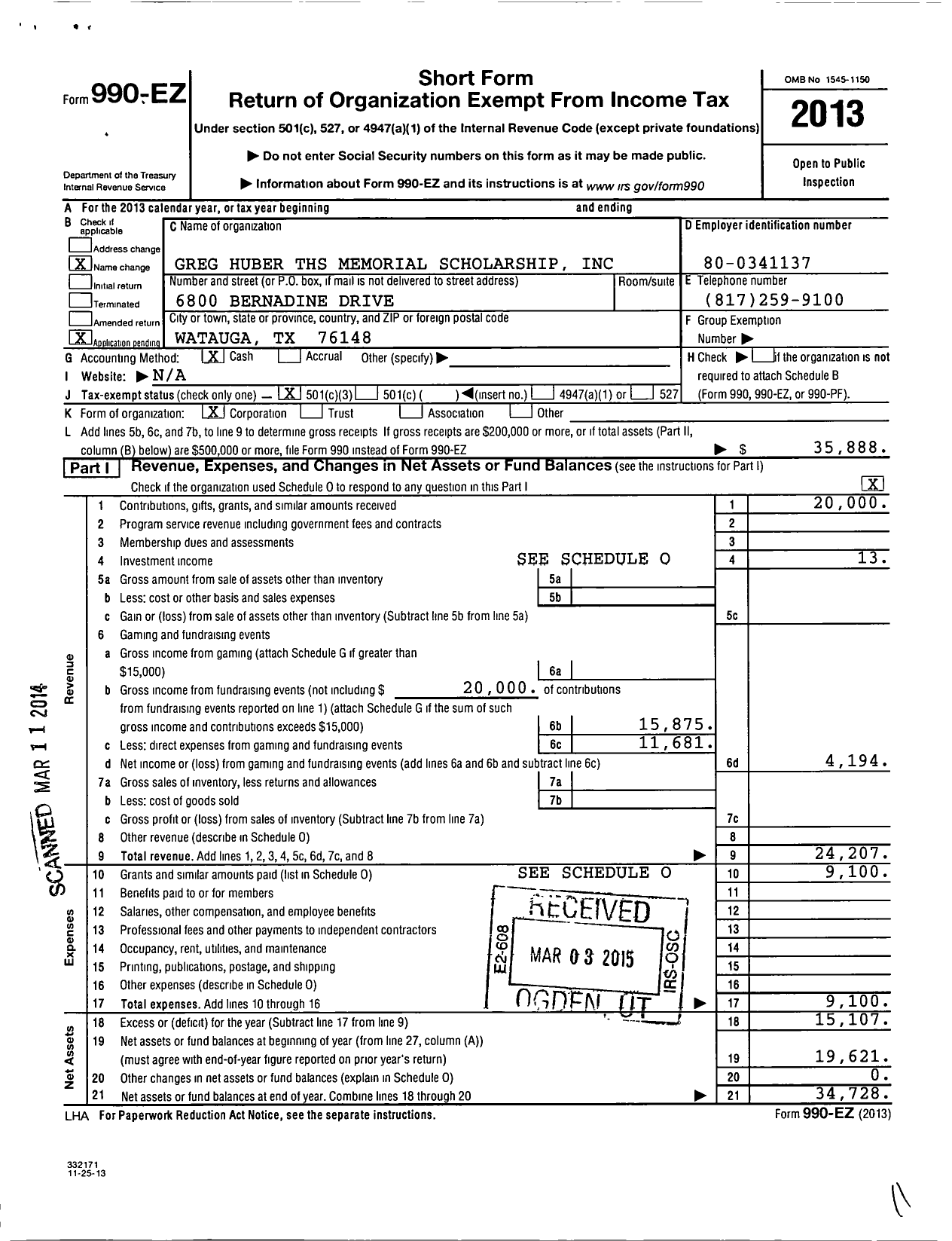 Image of first page of 2013 Form 990EZ for Greg Huber THS Memorial Scholarship