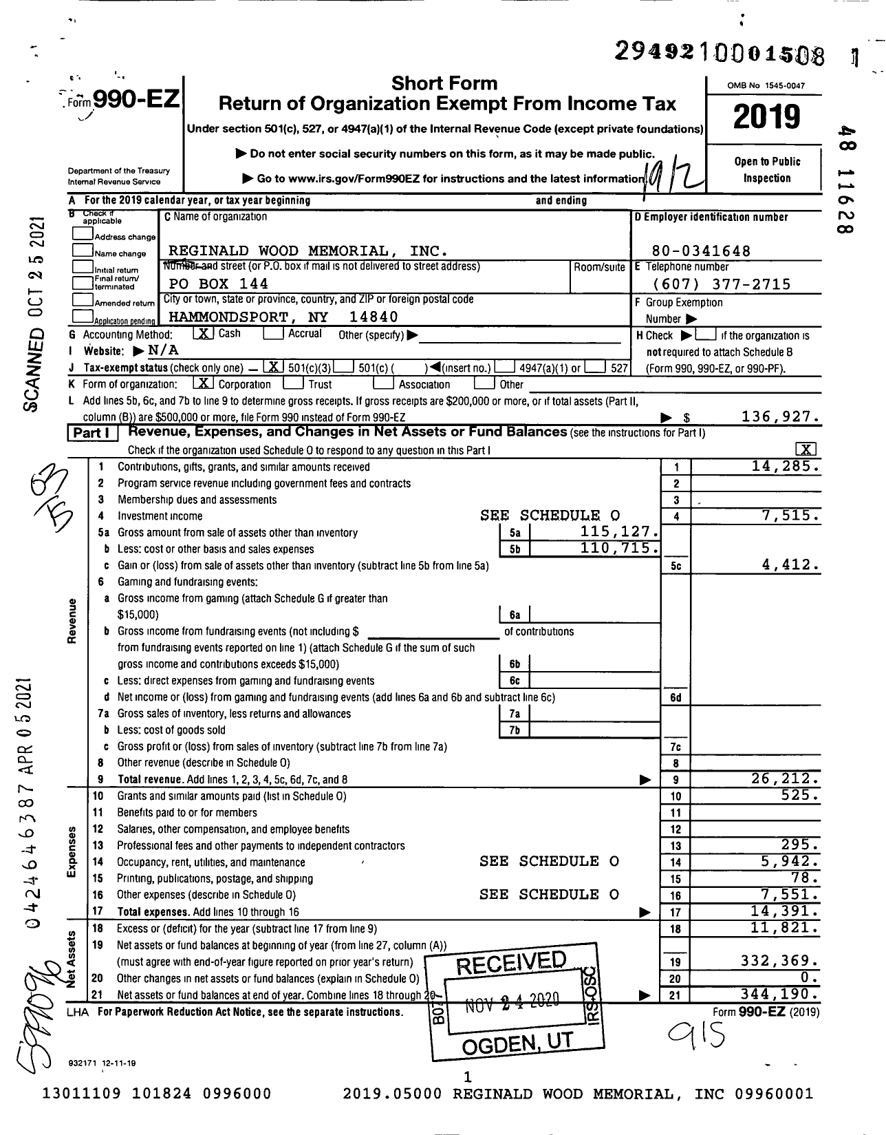 Image of first page of 2019 Form 990EZ for Reginald Wood Memorial