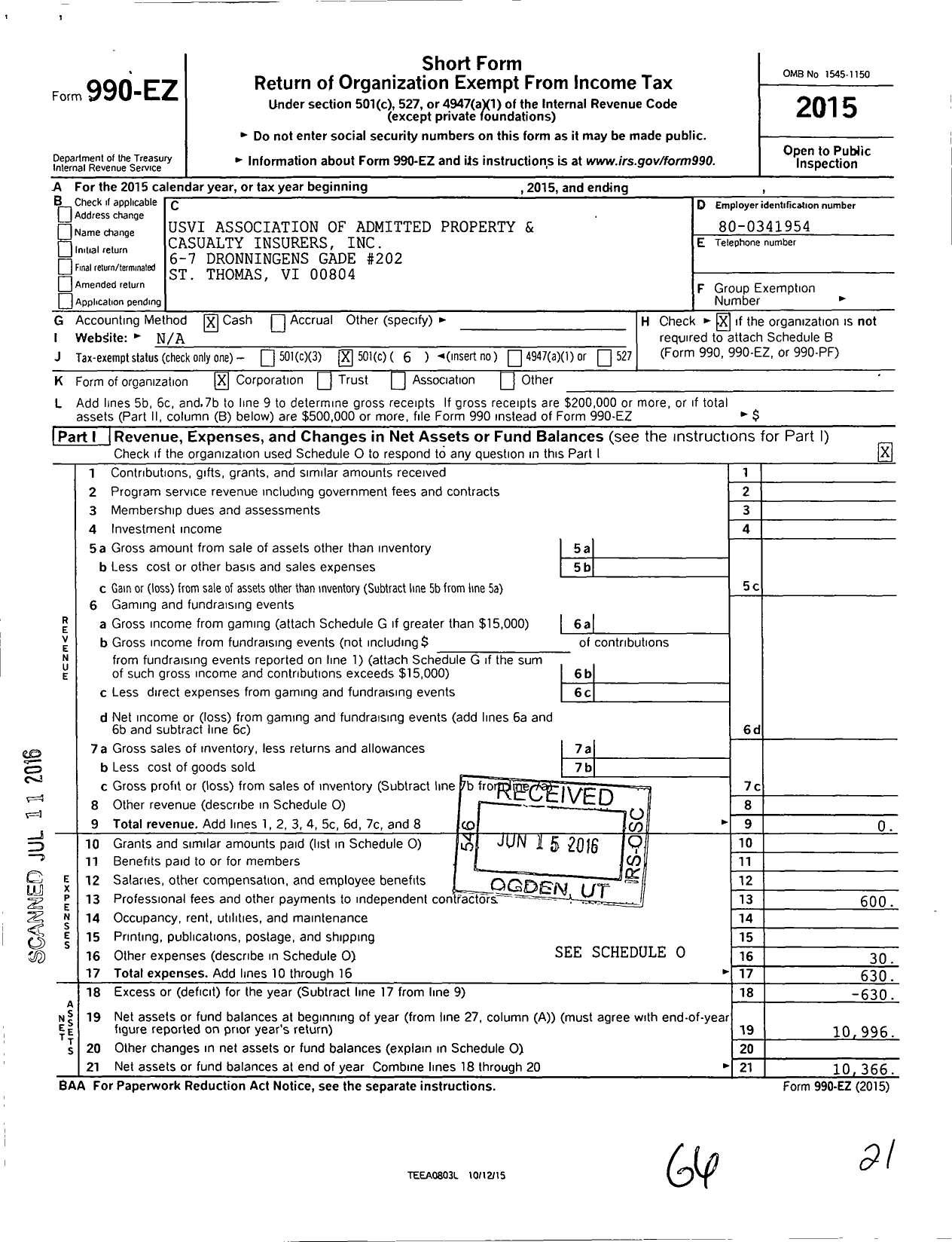 Image of first page of 2015 Form 990EO for USVI Association of Admitted Property and Casualty Insurers