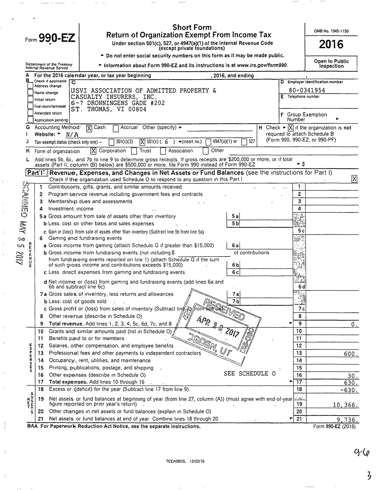 Image of first page of 2016 Form 990EO for USVI Association of Admitted Property and Casualty Insurers