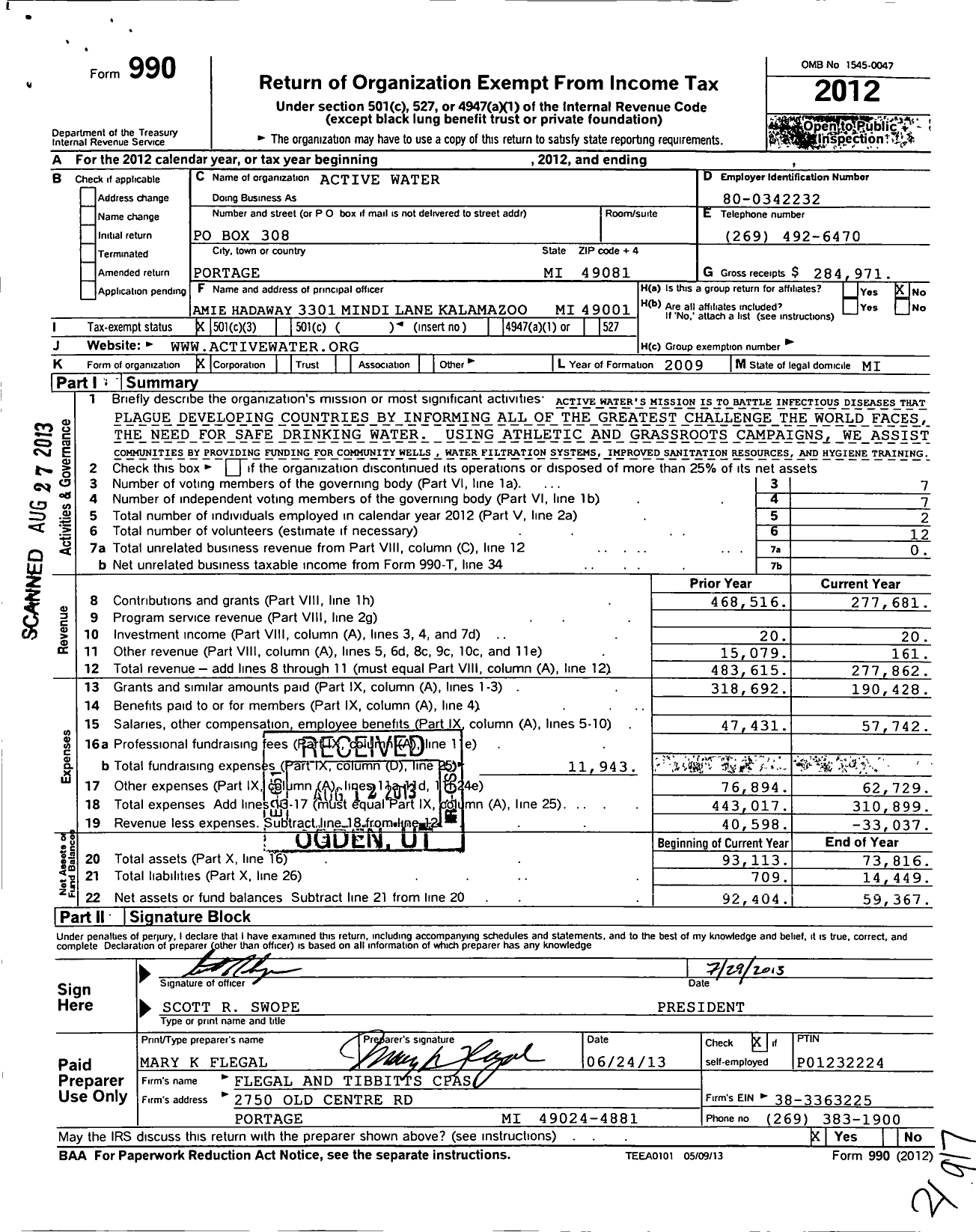 Image of first page of 2012 Form 990 for Active Water