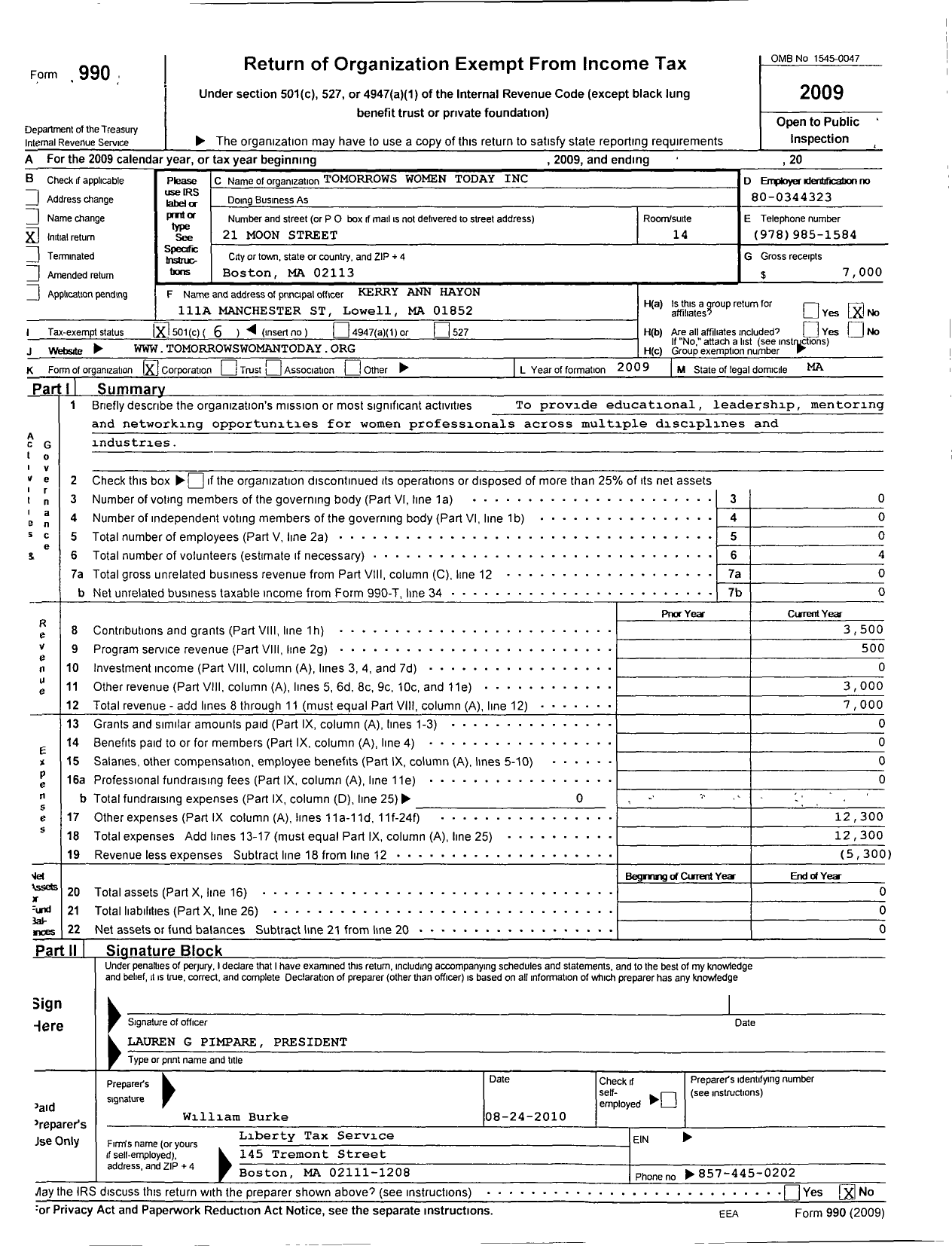 Image of first page of 2009 Form 990OR for Tomorrow's Women Today