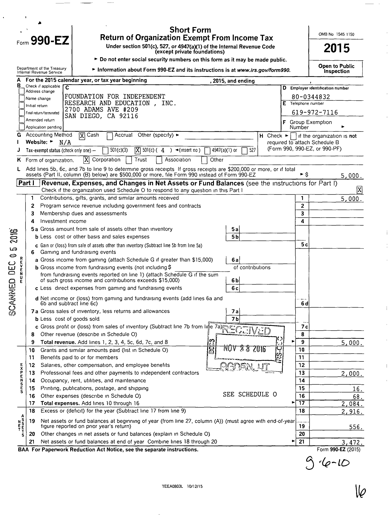 Image of first page of 2015 Form 990EO for Foundation for Independent Research and Education