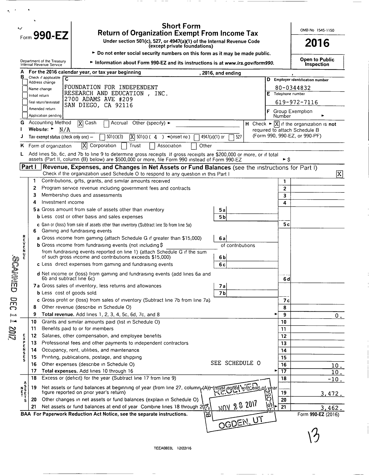 Image of first page of 2016 Form 990EO for Foundation for Independent Research and Education