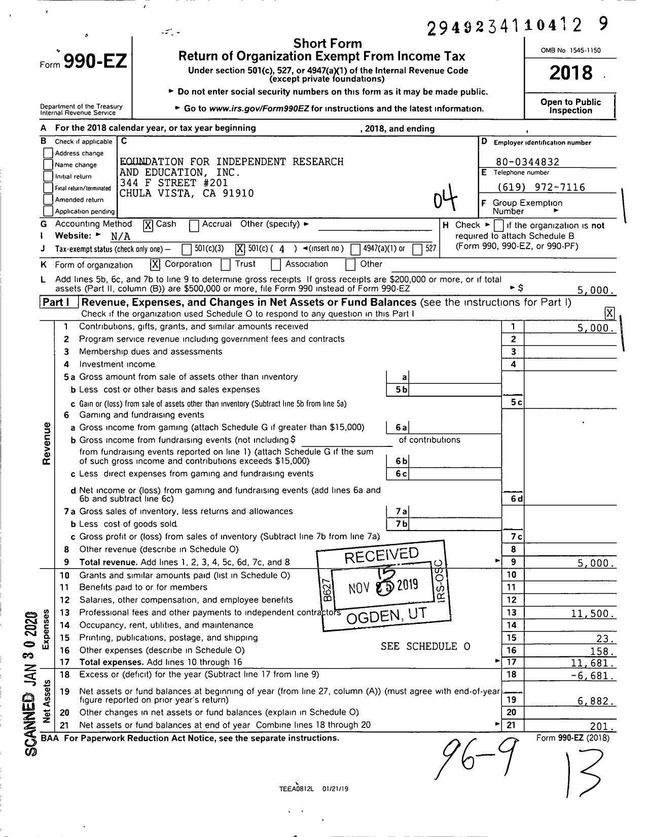 Image of first page of 2018 Form 990EO for Foundation for Independent Research and Education