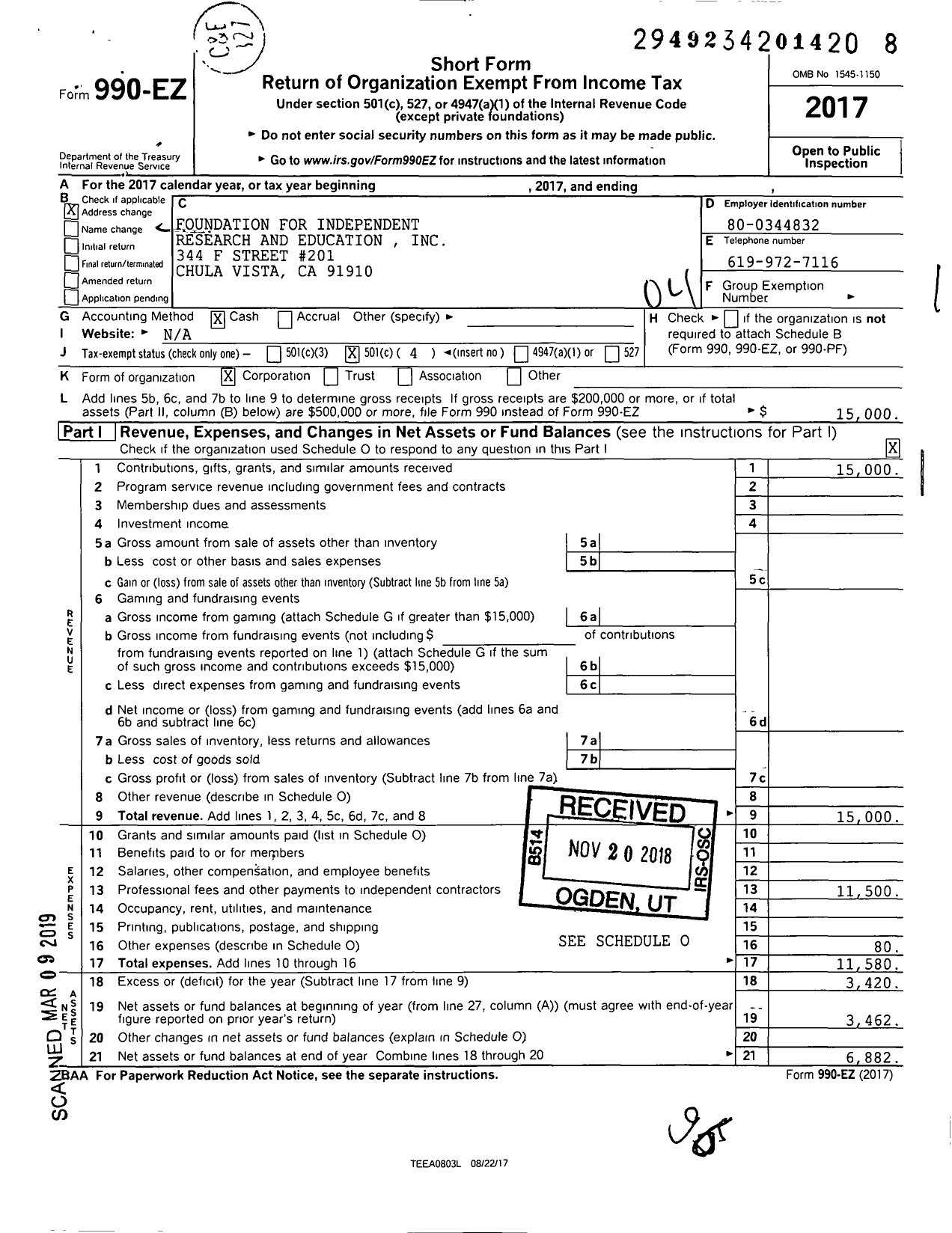 Image of first page of 2017 Form 990EO for Foundation for Independent Research and Education