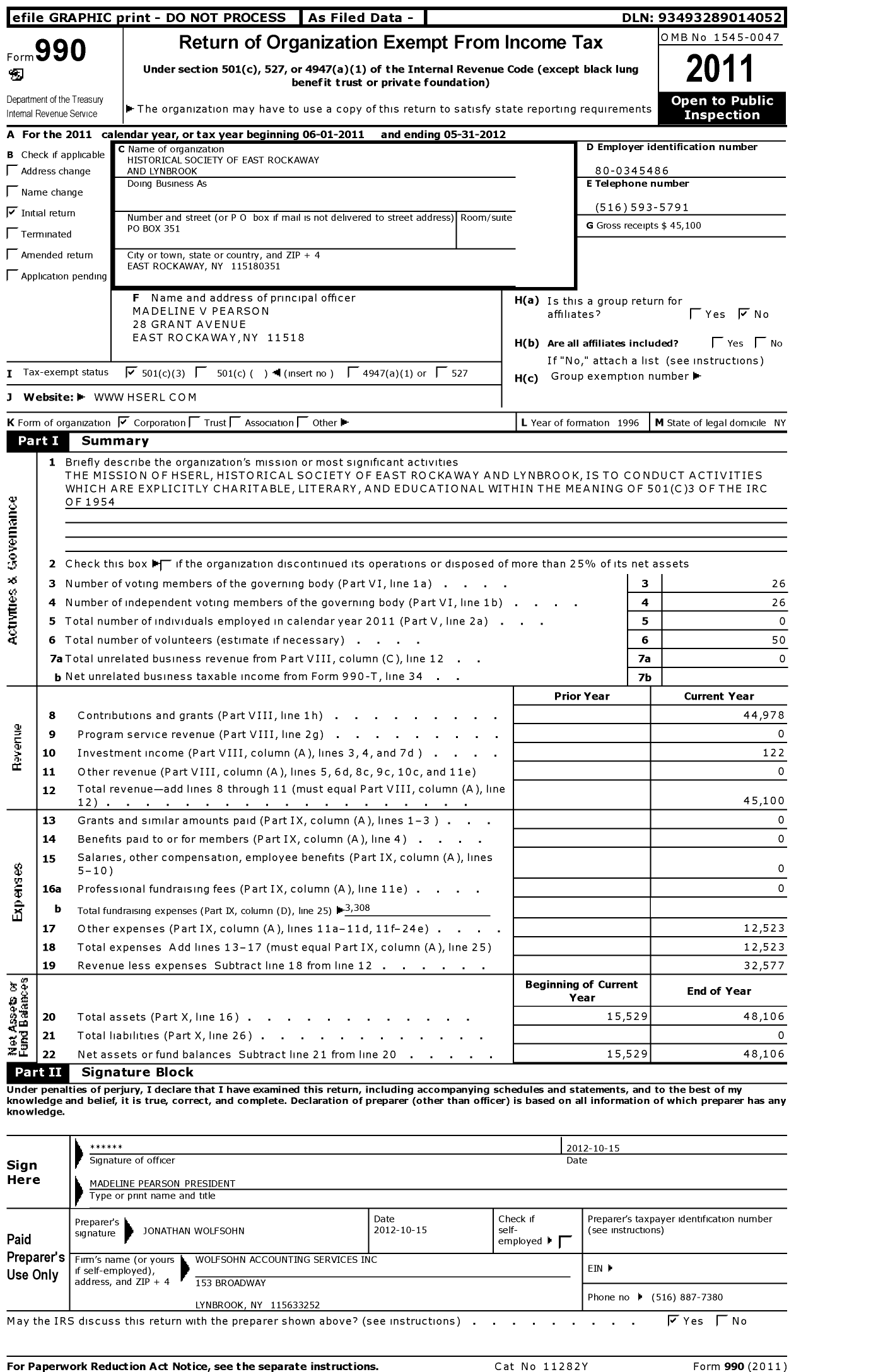 Image of first page of 2011 Form 990 for Historical Society of E Rockaway and Lynbrook