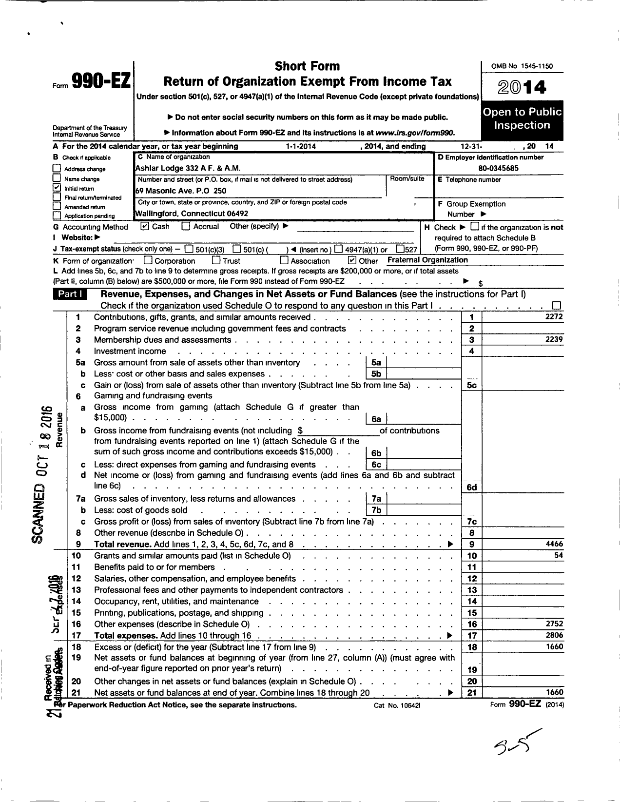 Image of first page of 2014 Form 990EO for Ashlar Lodge No 332 Ancient Free and Accepted Masons