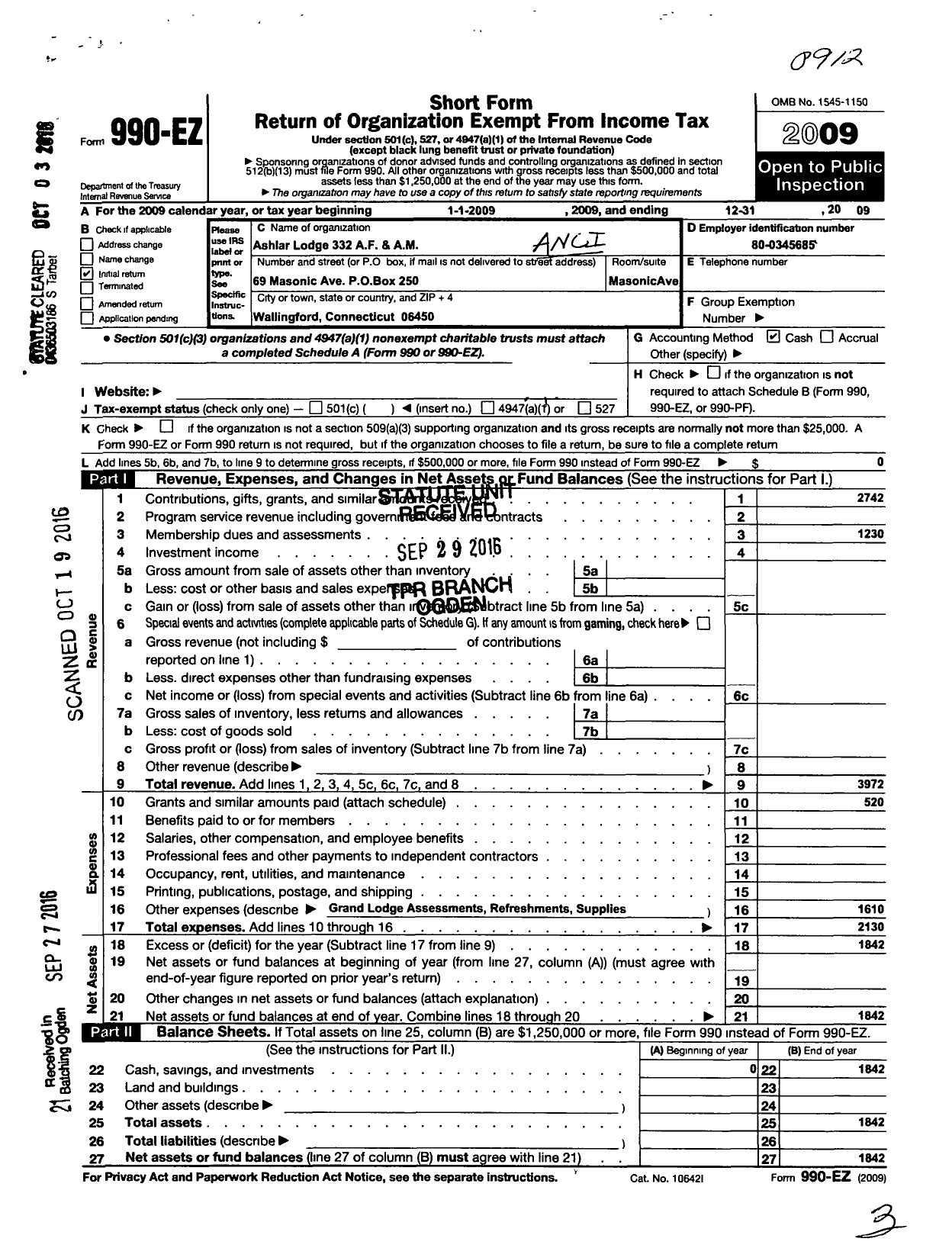 Image of first page of 2009 Form 990EO for Ashlar Lodge No 332 Ancient Free and Accepted Masons