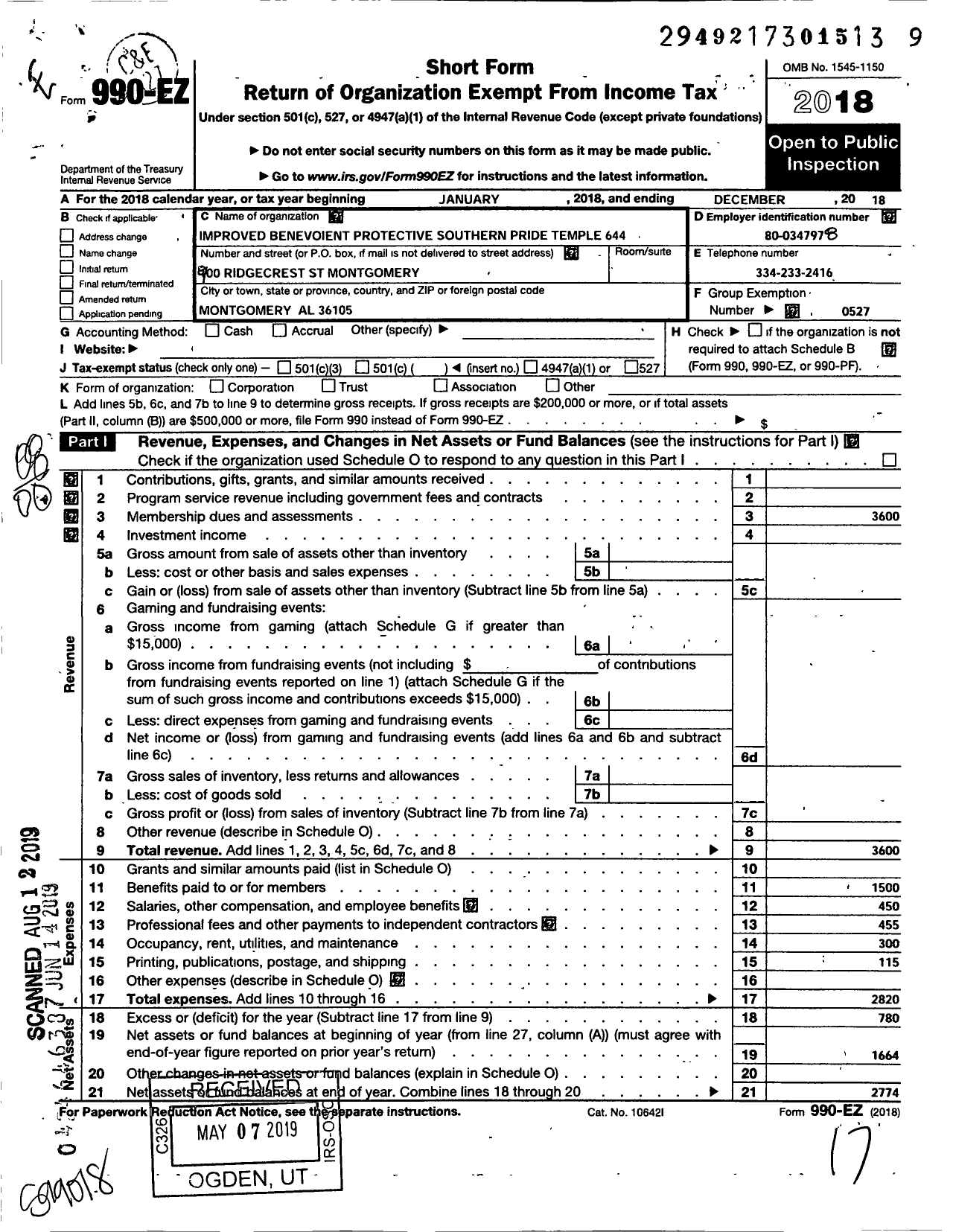 Image of first page of 2018 Form 990EO for Improved Benevolent and Protective Order of Elks of the World - 644 Southern Price