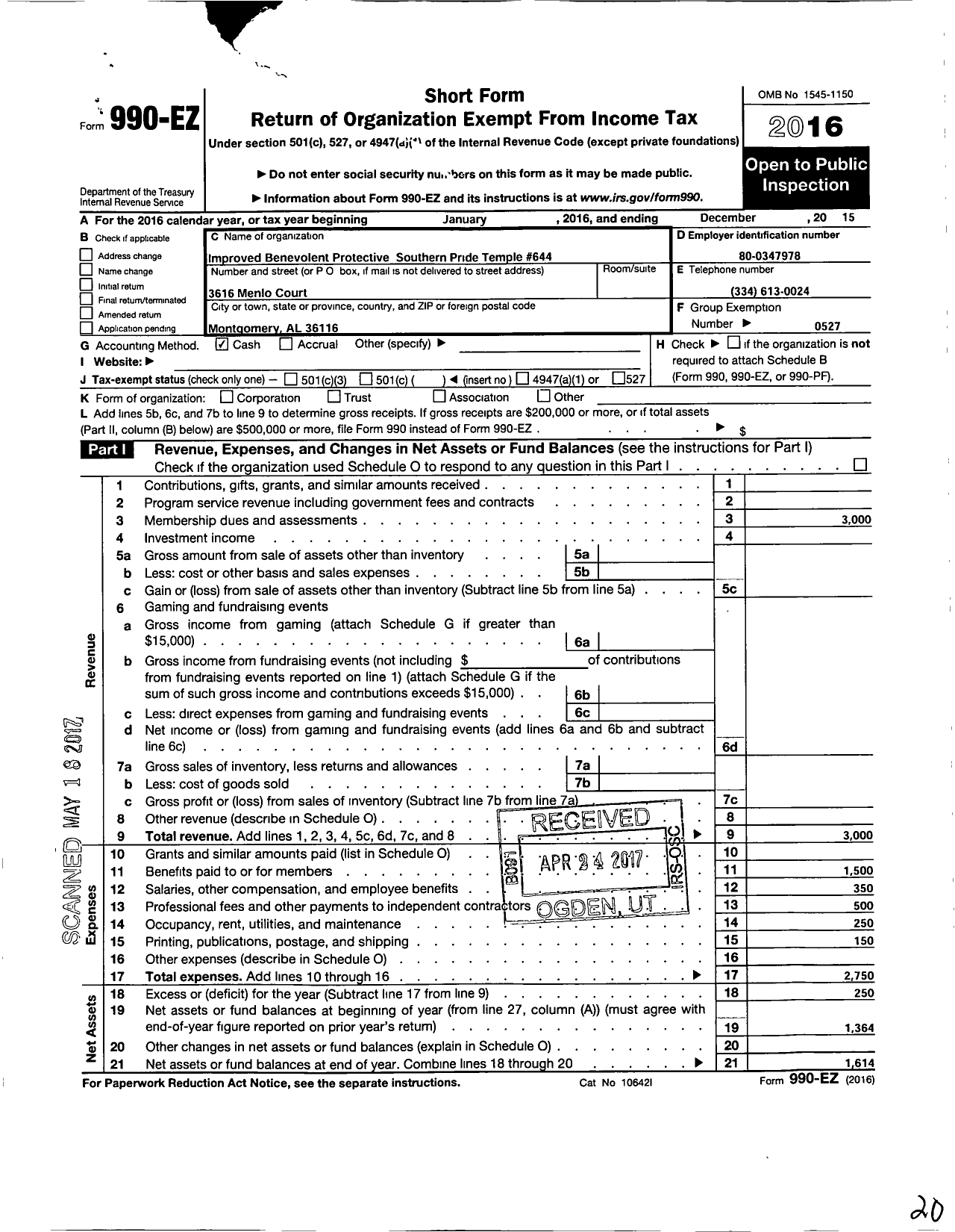 Image of first page of 2015 Form 990EO for Improved Benevolent and Protective Order of Elks of the World - 644 Southern Price