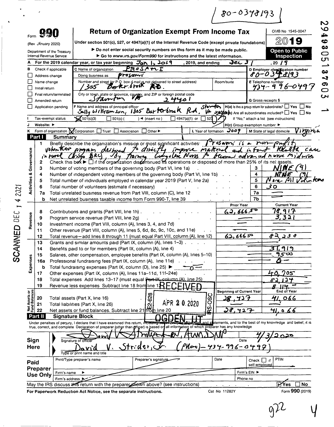 Image of first page of 2019 Form 990 for Prosami