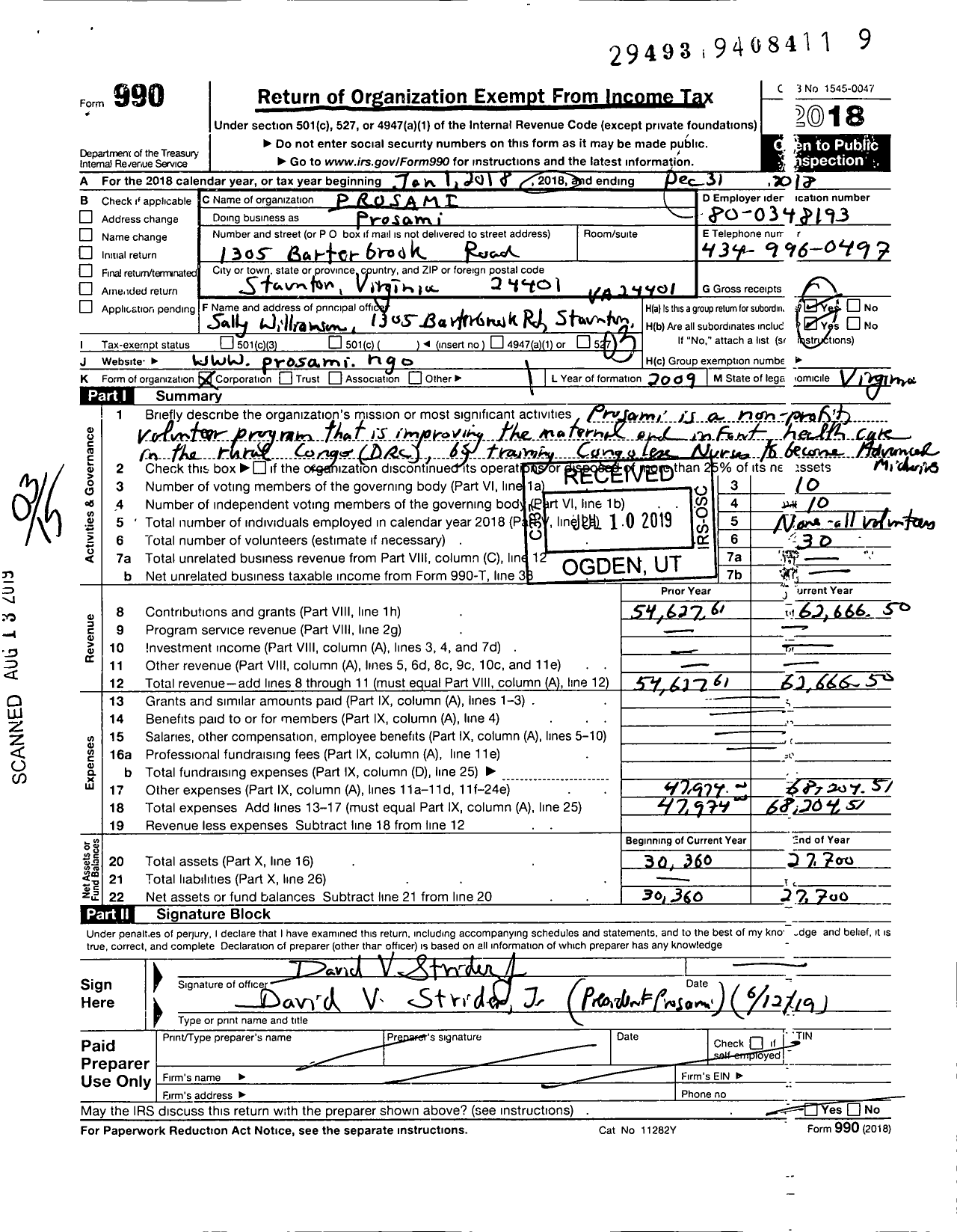 Image of first page of 2018 Form 990 for Prosami