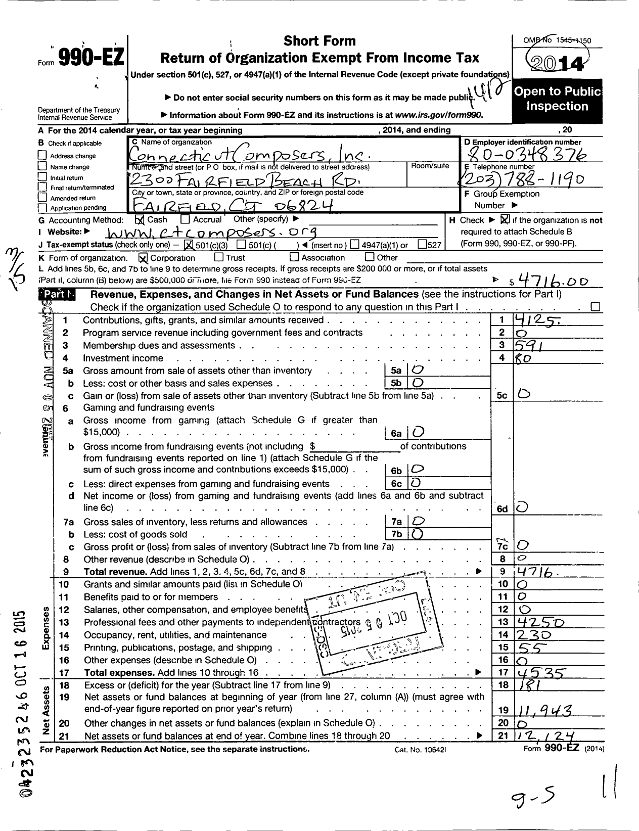 Image of first page of 2014 Form 990EZ for Connecticut Composers (CCI)