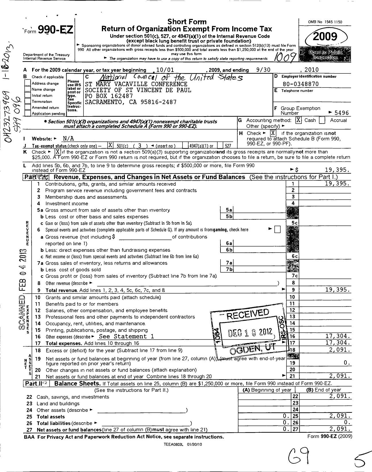 Image of first page of 2009 Form 990EZ for St Mary Vacaville Confernce Society of St Vincent de Paul