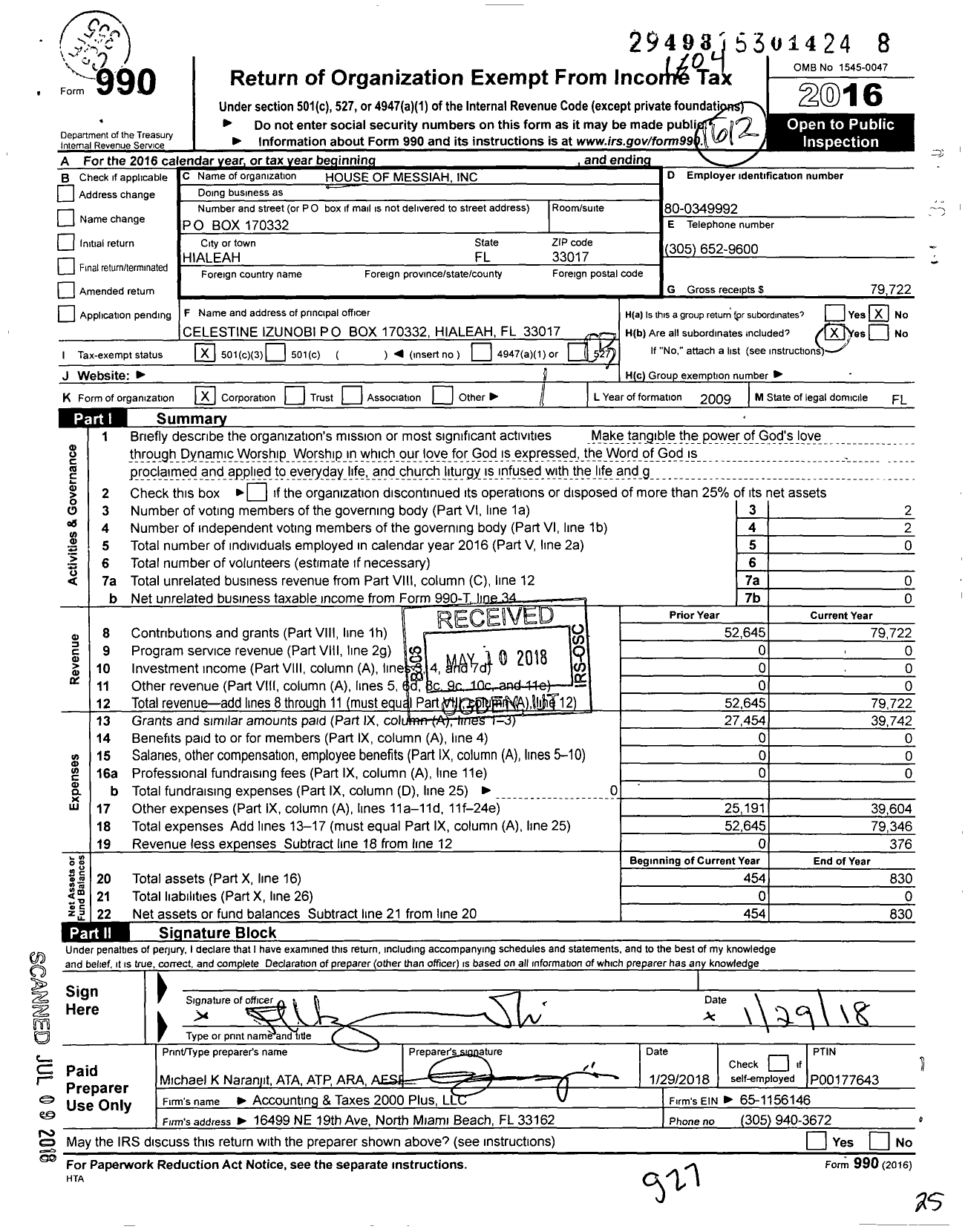 Image of first page of 2015 Form 990 for House of Messiah