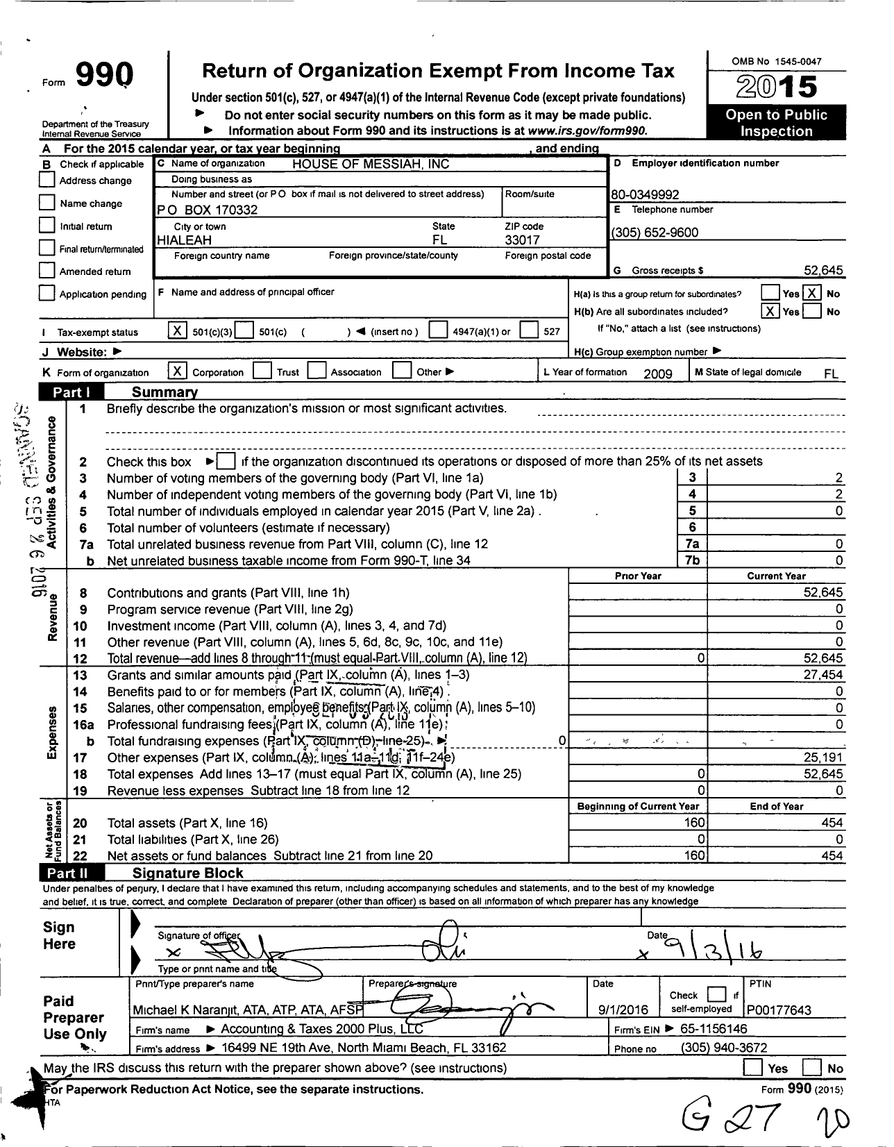 Image of first page of 2015 Form 990 for House of Messiah