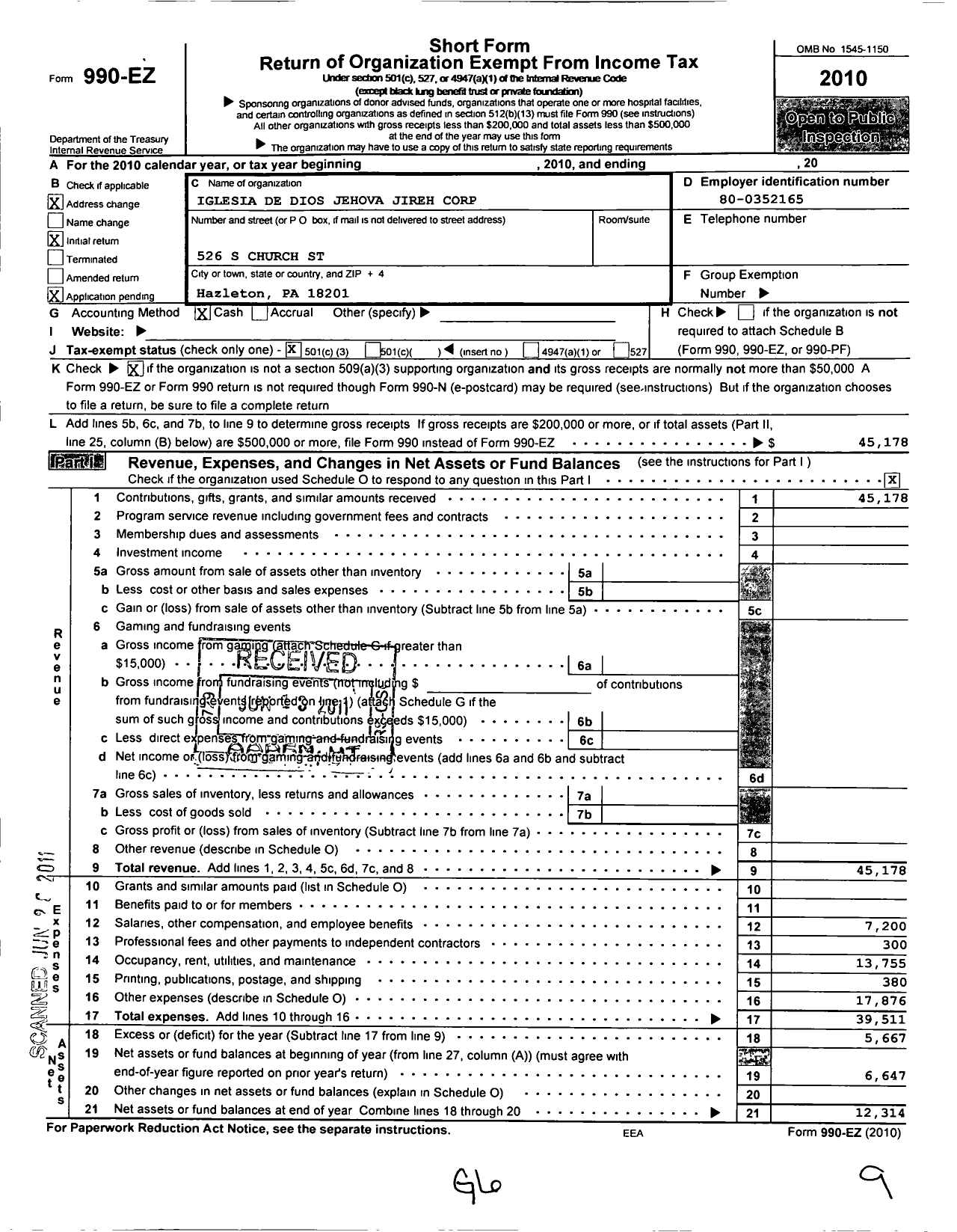 Image of first page of 2010 Form 990EZ for Iglesia de Dios Jehova Jireh Corporation