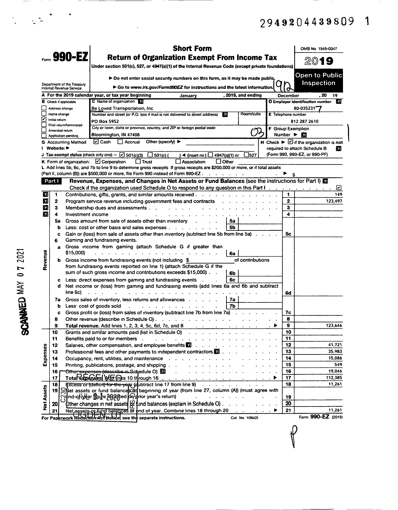 Image of first page of 2019 Form 990EZ for Be Loved Transportation