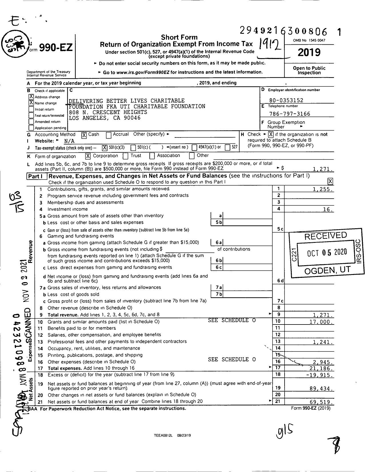 Image of first page of 2019 Form 990EZ for Delivering Better Lives Charitable (Fka Uti Charitable Foundation)