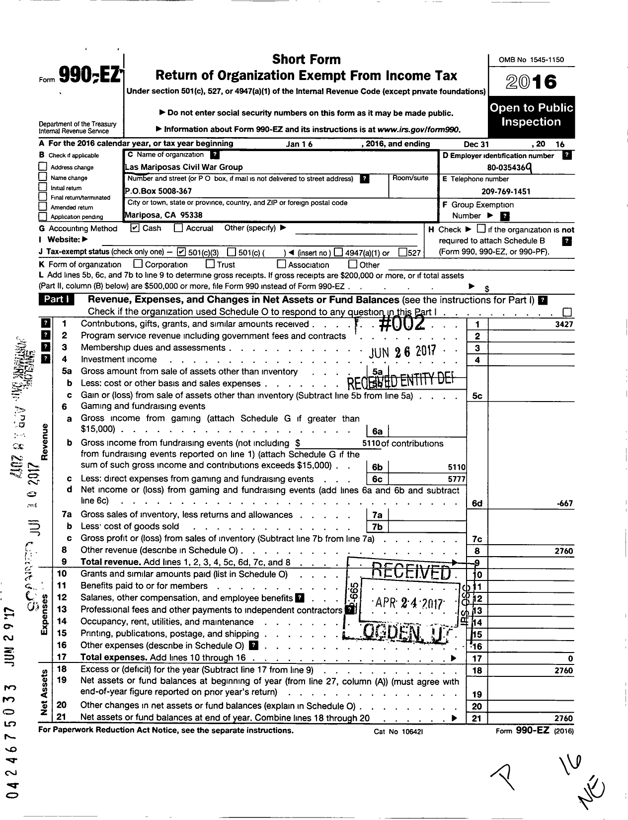 Image of first page of 2016 Form 990EZ for Las Miraposas Civil War Group