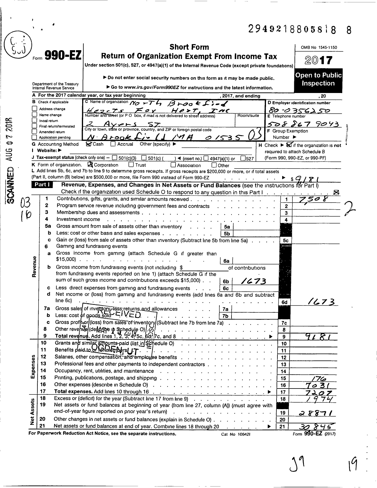 Image of first page of 2017 Form 990EZ for North Brookfield Hearts for Heat