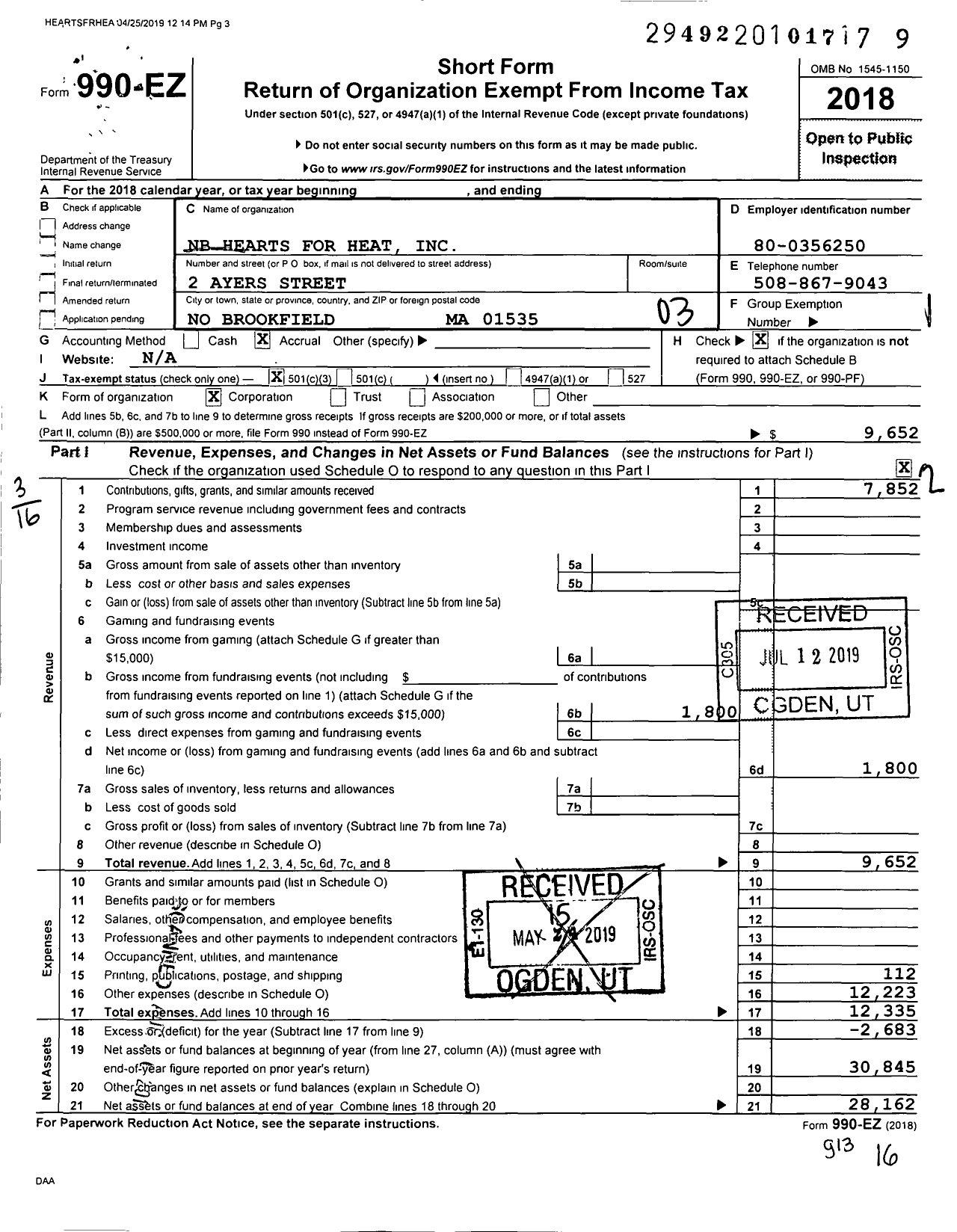 Image of first page of 2018 Form 990EZ for North Brookfield Hearts for Heat