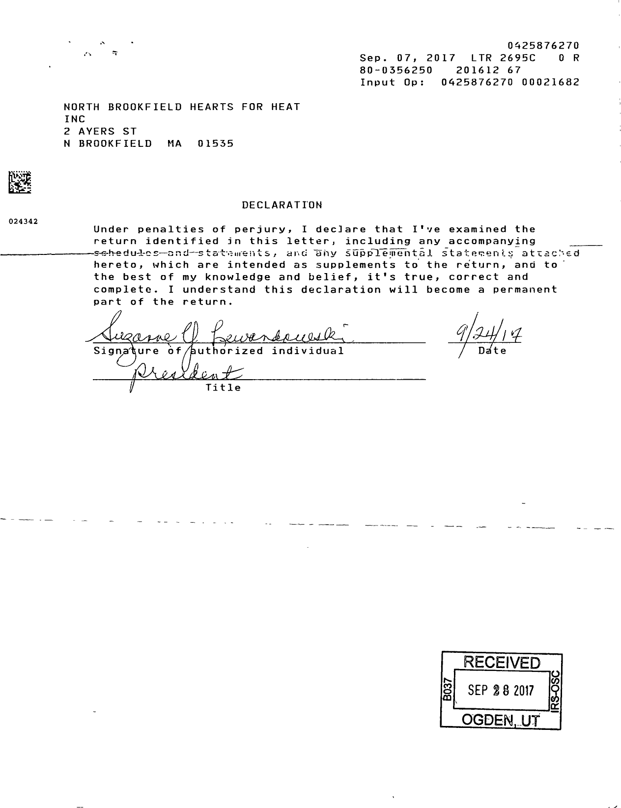 Image of first page of 2016 Form 990ER for North Brookfield Hearts for Heat