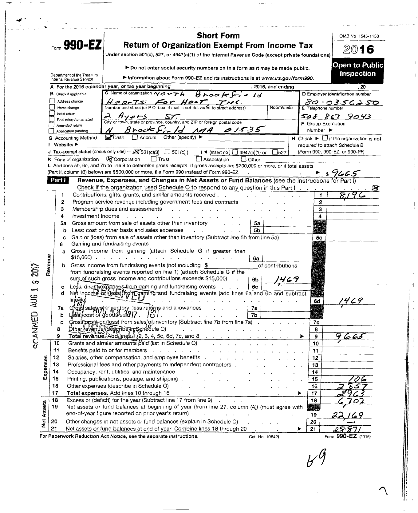 Image of first page of 2016 Form 990EZ for North Brookfield Hearts for Heat