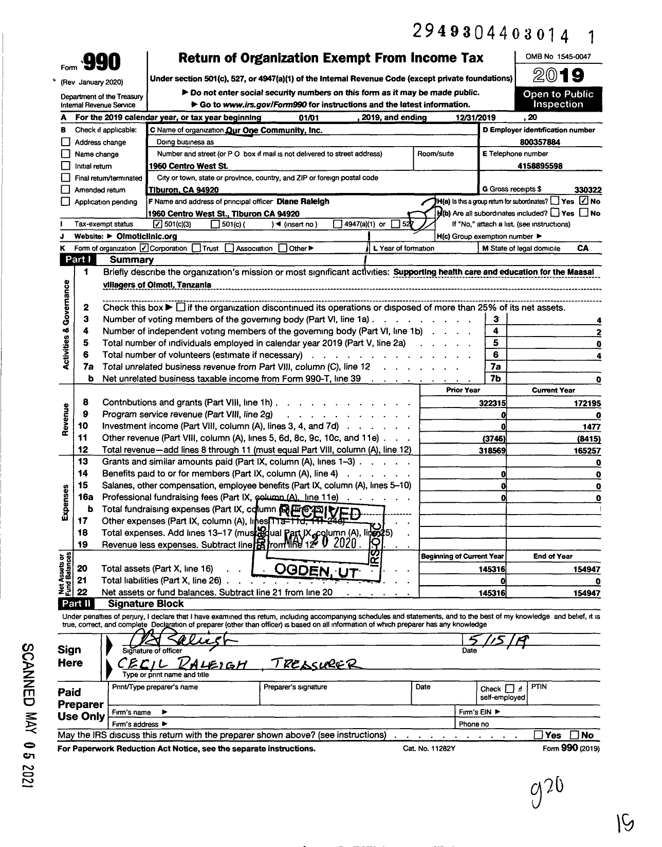 Image of first page of 2019 Form 990 for Our One Community