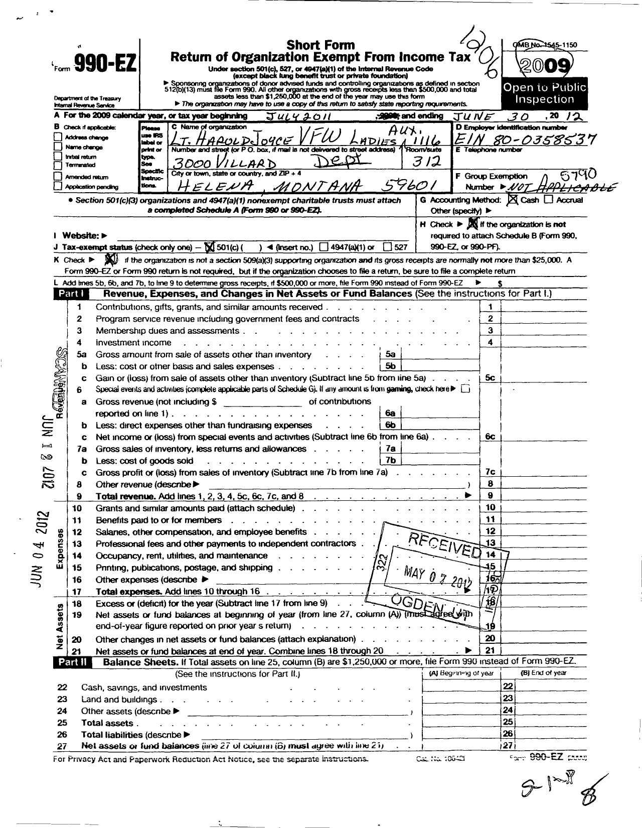 Image of first page of 2011 Form 990EO for Veterans of Foreign Wars of the United States Auxiliary Department - 1116 John W Mahan Auxiliary