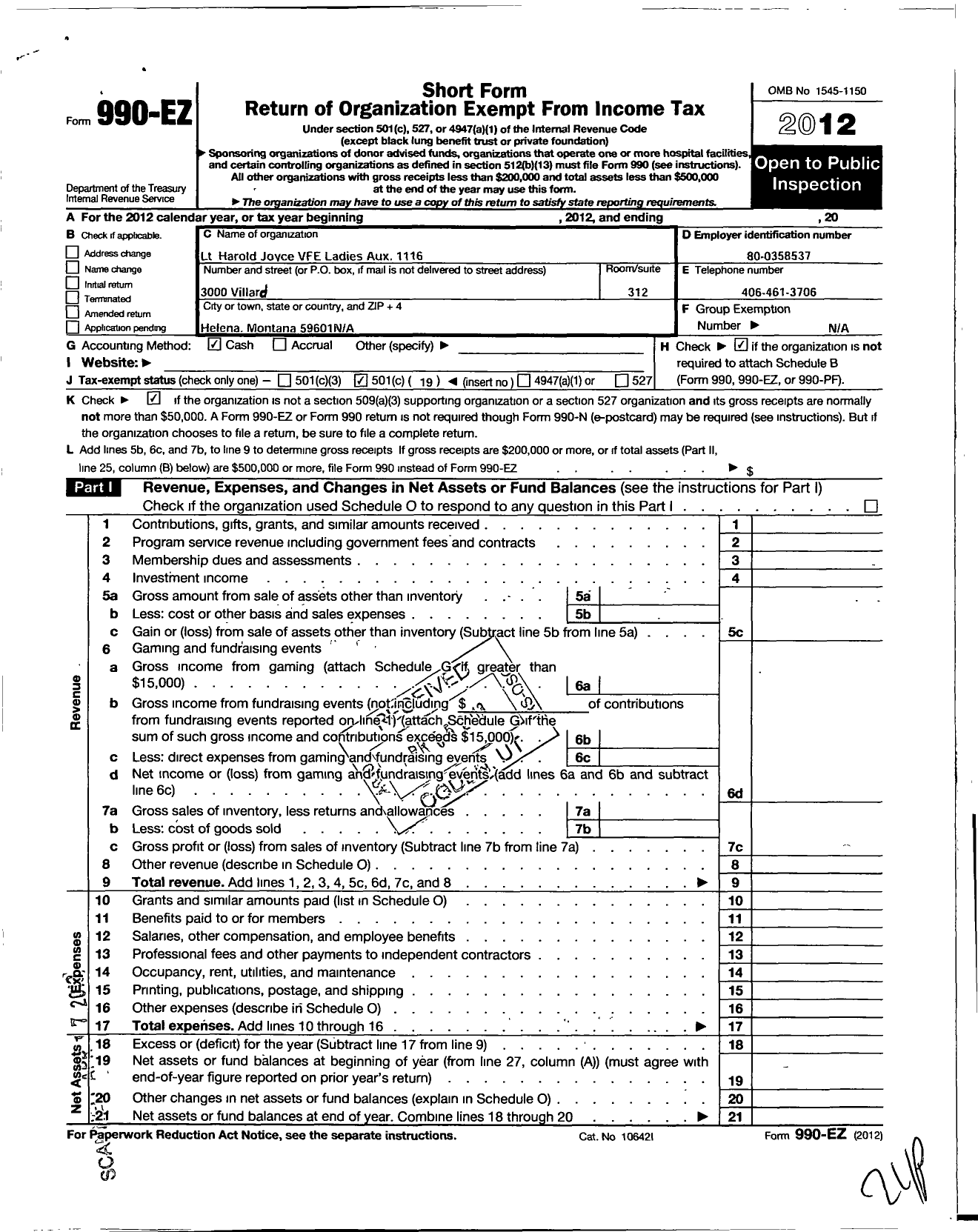 Image of first page of 2012 Form 990EO for Veterans of Foreign Wars of the United States Auxiliary Department - 1116 John W Mahan Auxiliary