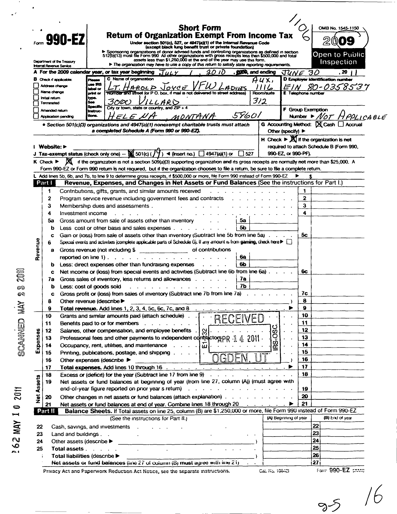 Image of first page of 2010 Form 990EO for Veterans of Foreign Wars of the United States Auxiliary Department - 1116 John W Mahan Auxiliary