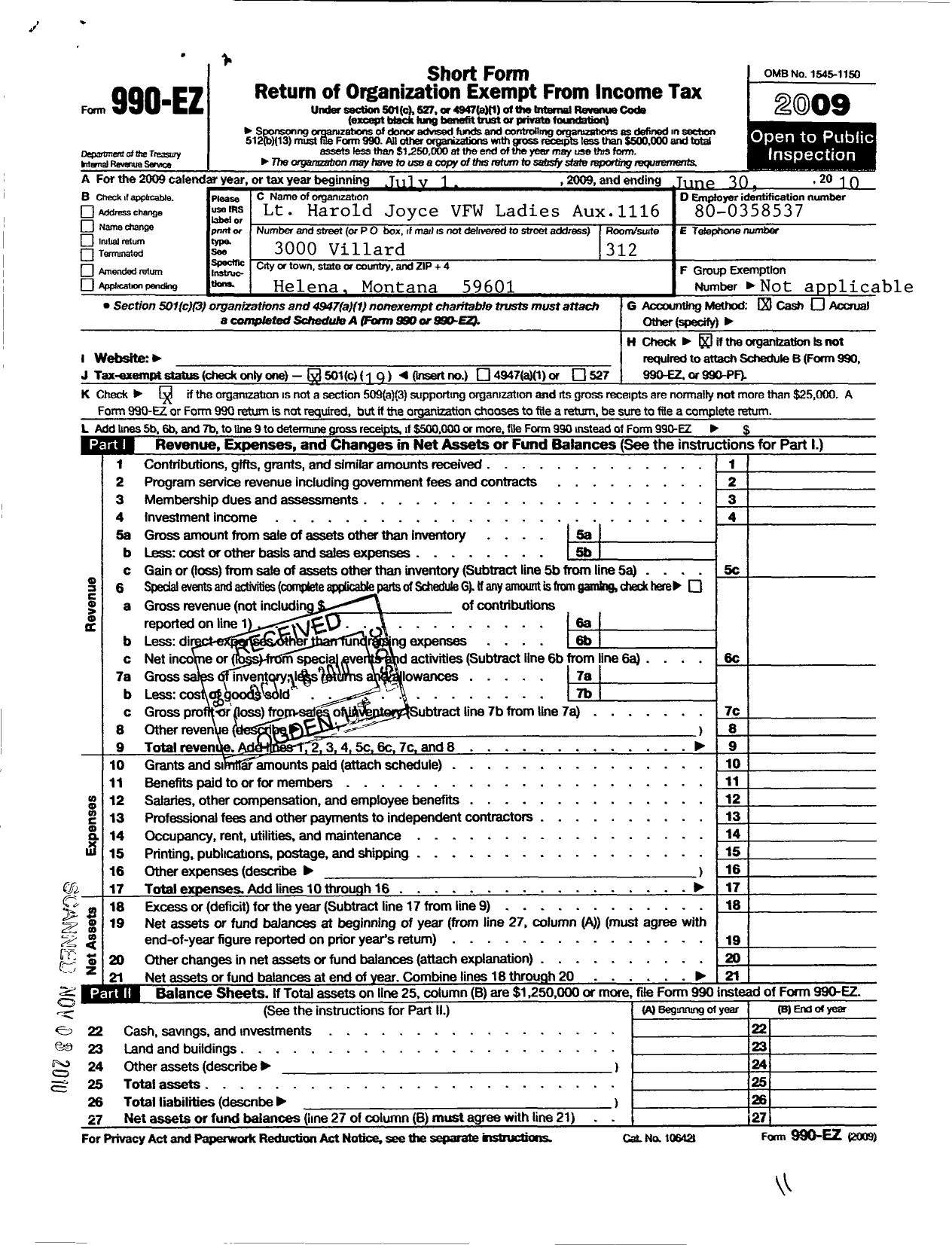 Image of first page of 2009 Form 990EO for Veterans of Foreign Wars of the United States Auxiliary Department - 1116 John W Mahan Auxiliary