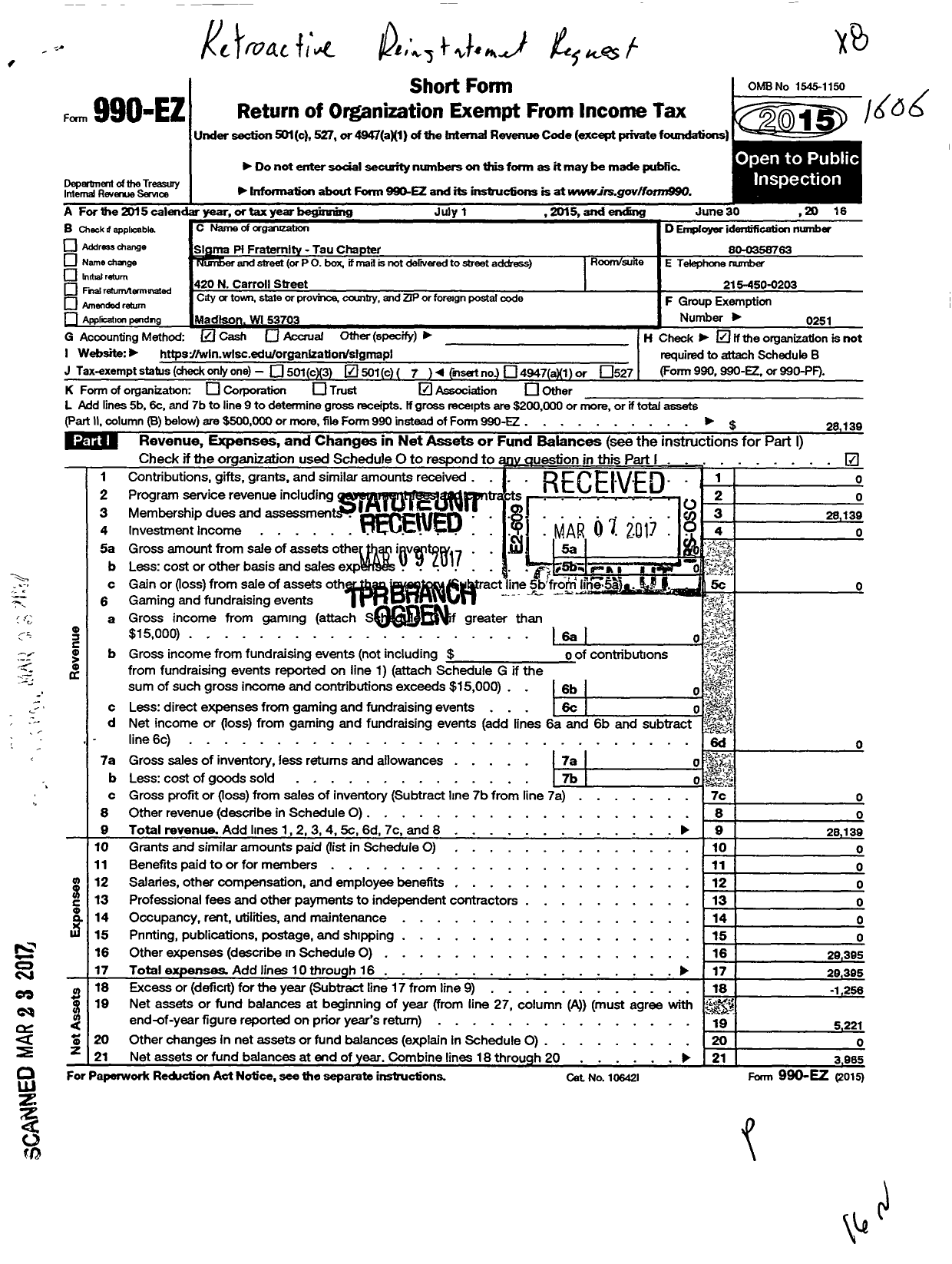 Image of first page of 2015 Form 990EO for Sigma Pi Fraternity International