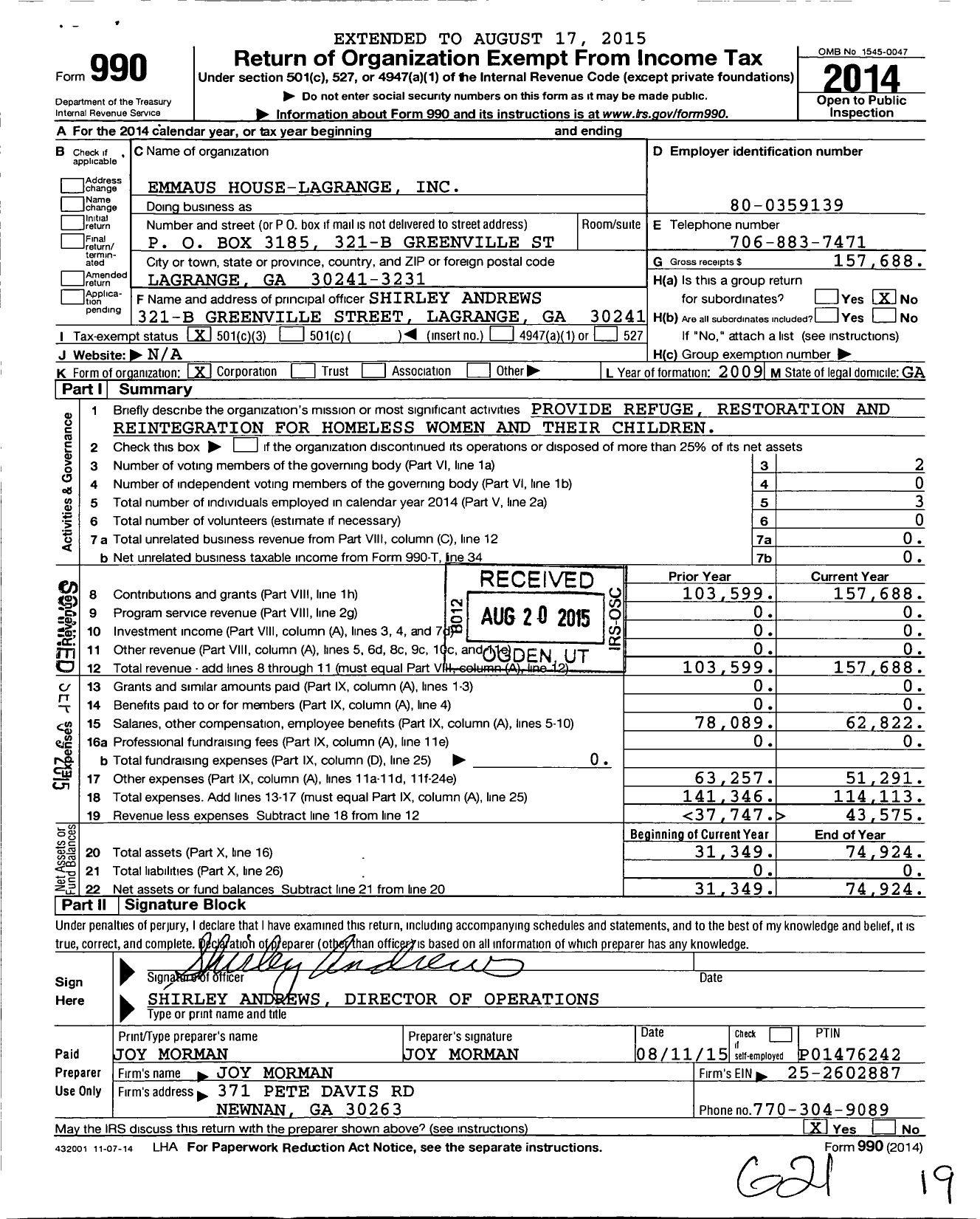 Image of first page of 2014 Form 990 for Emmaus House Lagrange