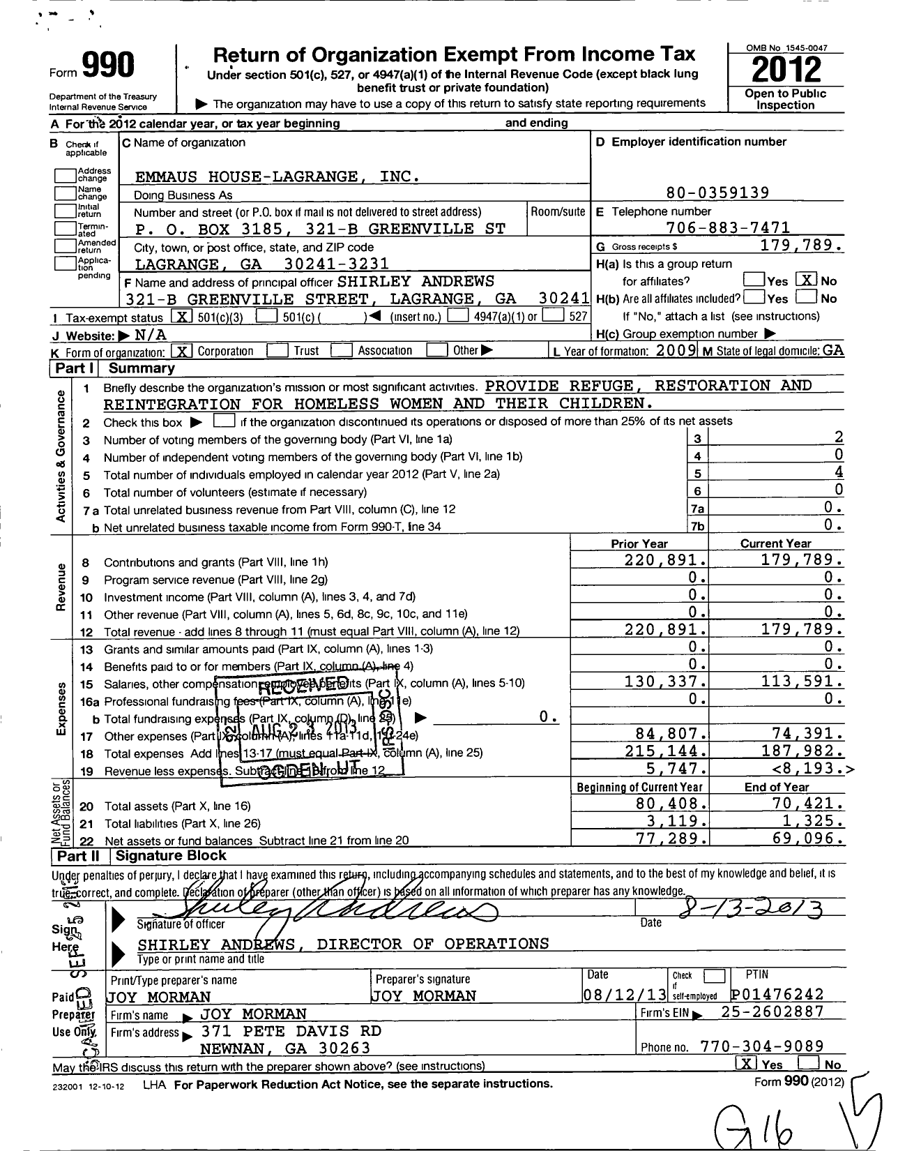 Image of first page of 2012 Form 990 for Emmaus House Lagrange