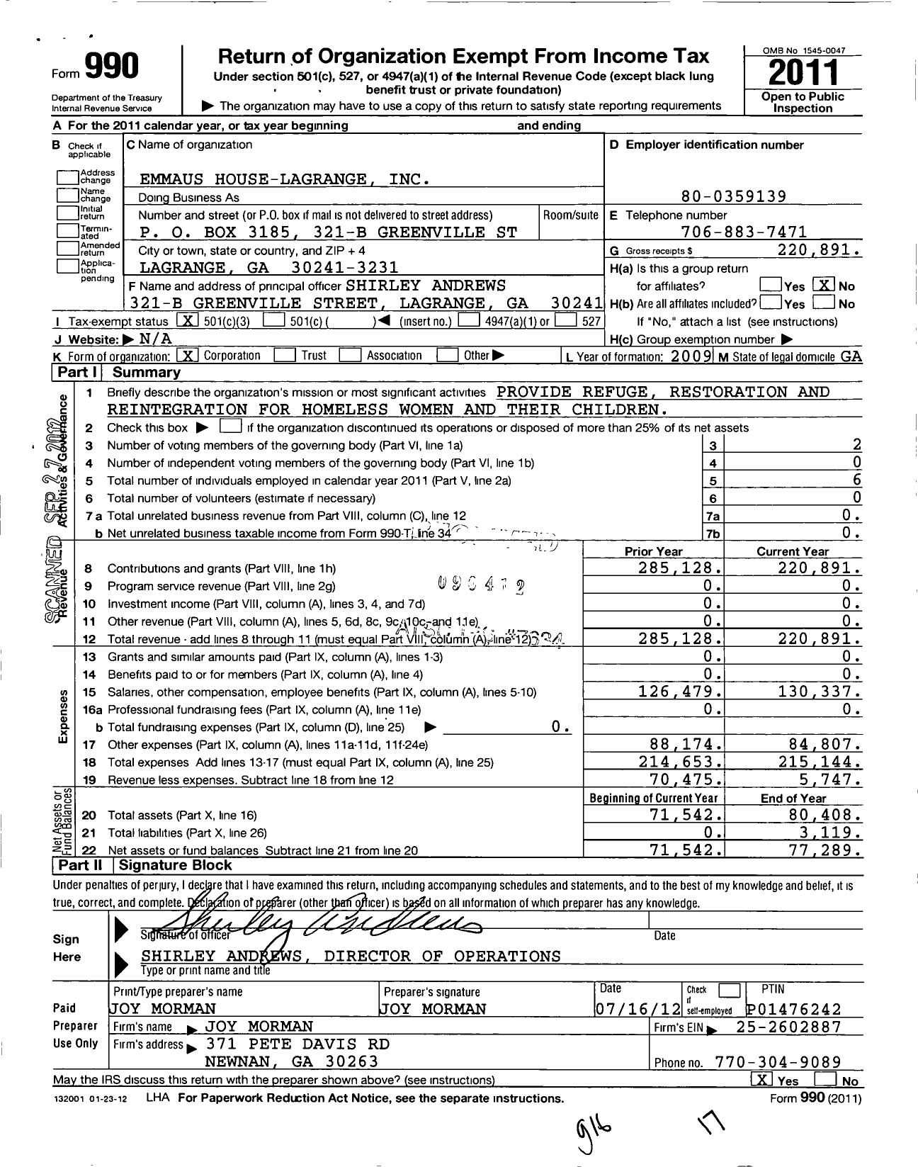 Image of first page of 2011 Form 990 for Emmaus House Lagrange