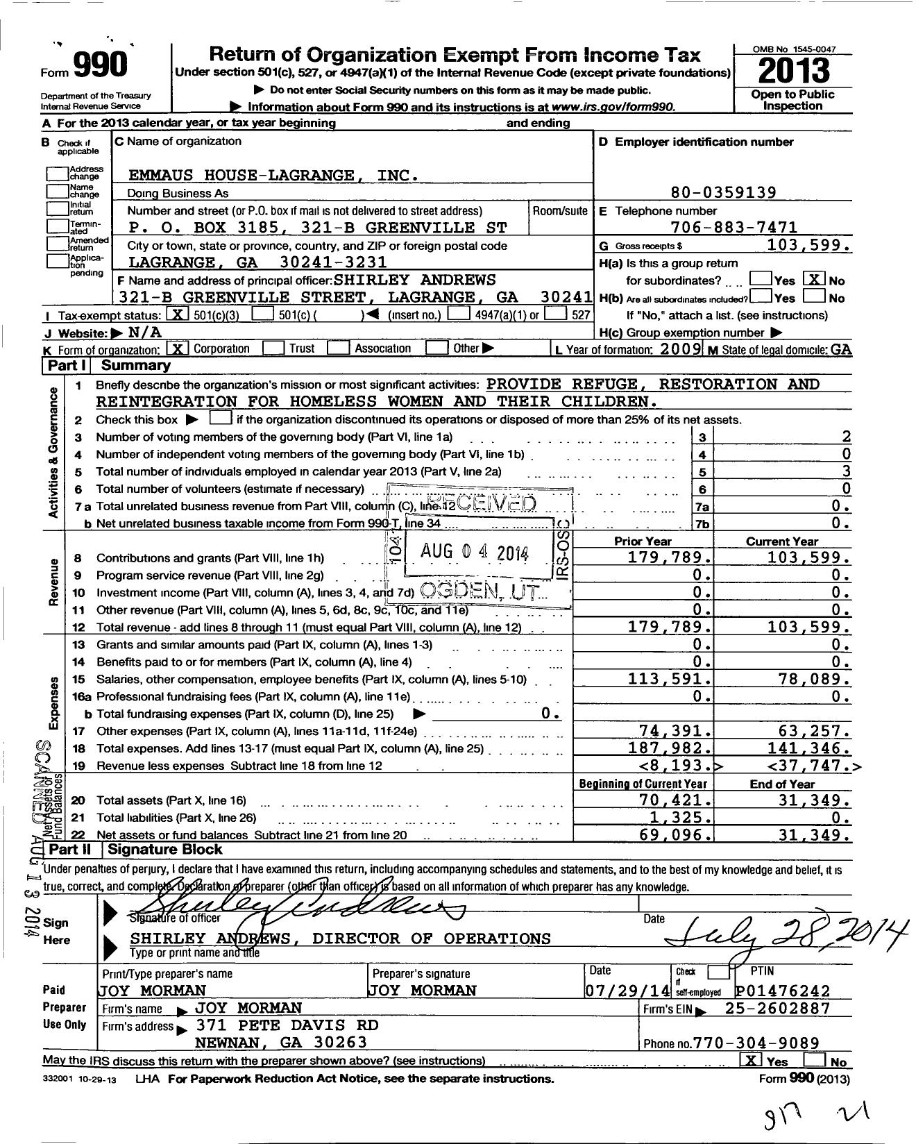 Image of first page of 2013 Form 990 for Emmaus House Lagrange