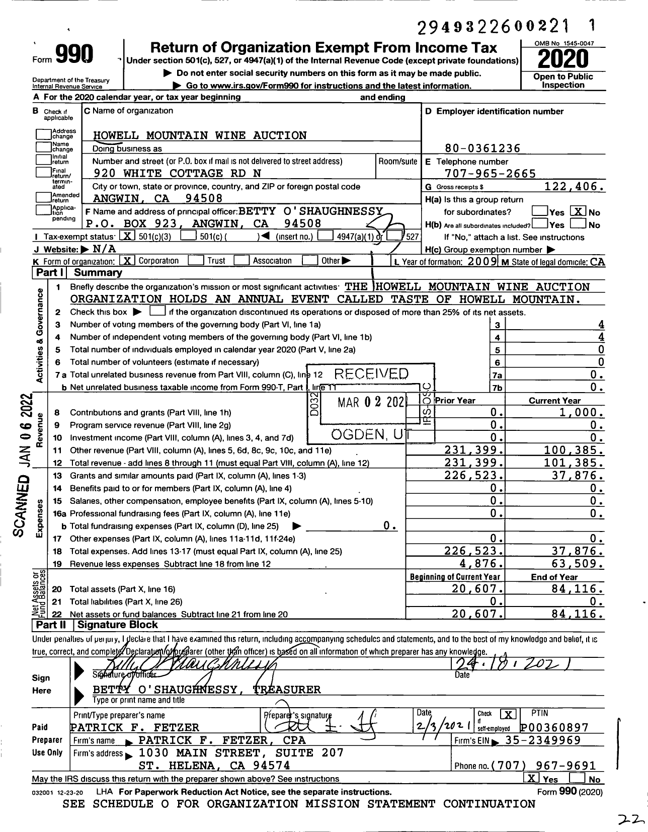 Image of first page of 2020 Form 990 for Howell Mountain Wine Auction