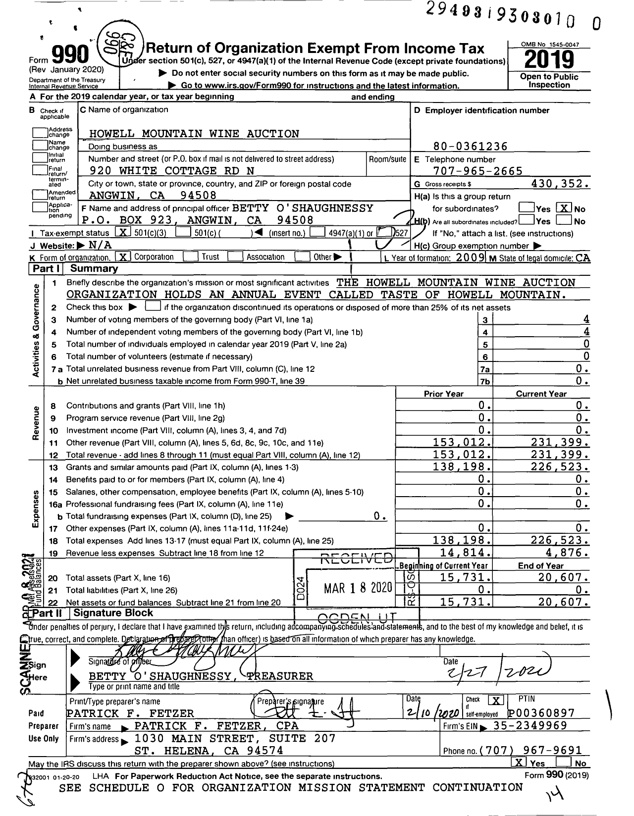 Image of first page of 2019 Form 990 for Howell Mountain Wine Auction