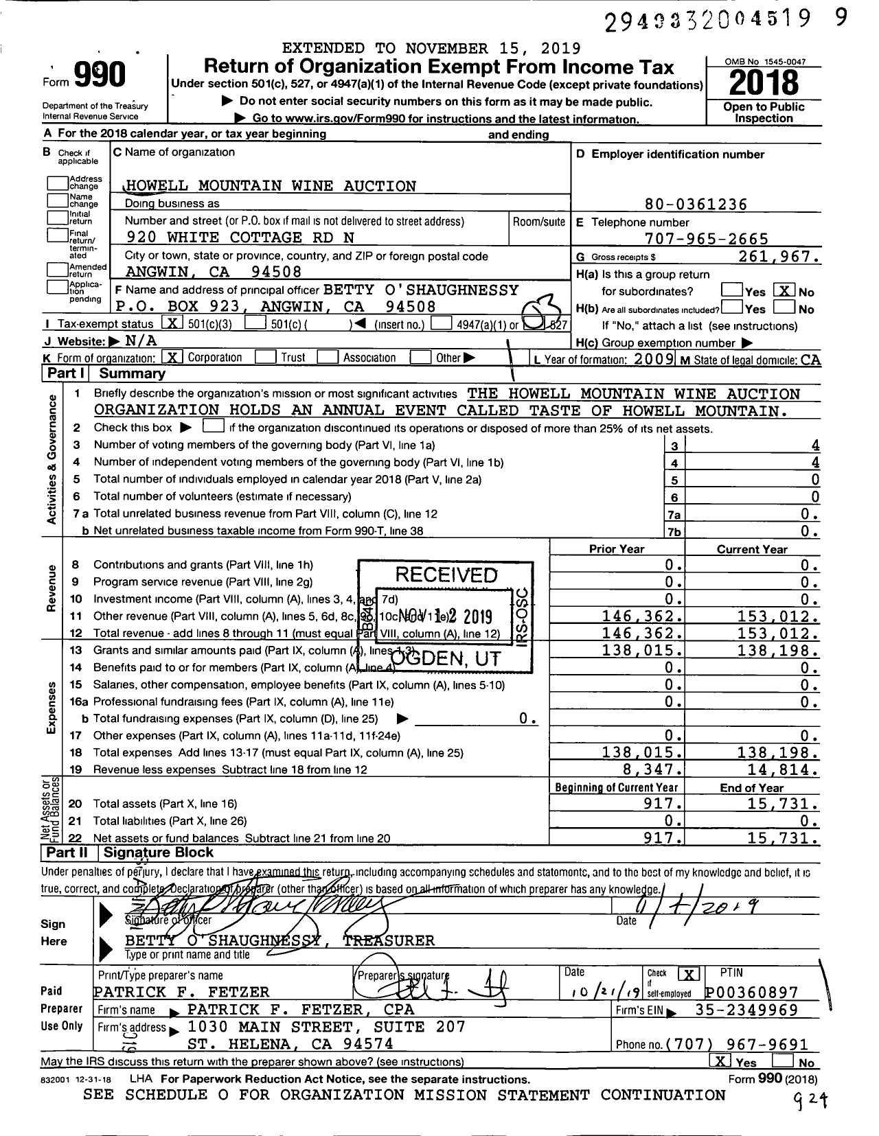 Image of first page of 2018 Form 990 for Howell Mountain Wine Auction