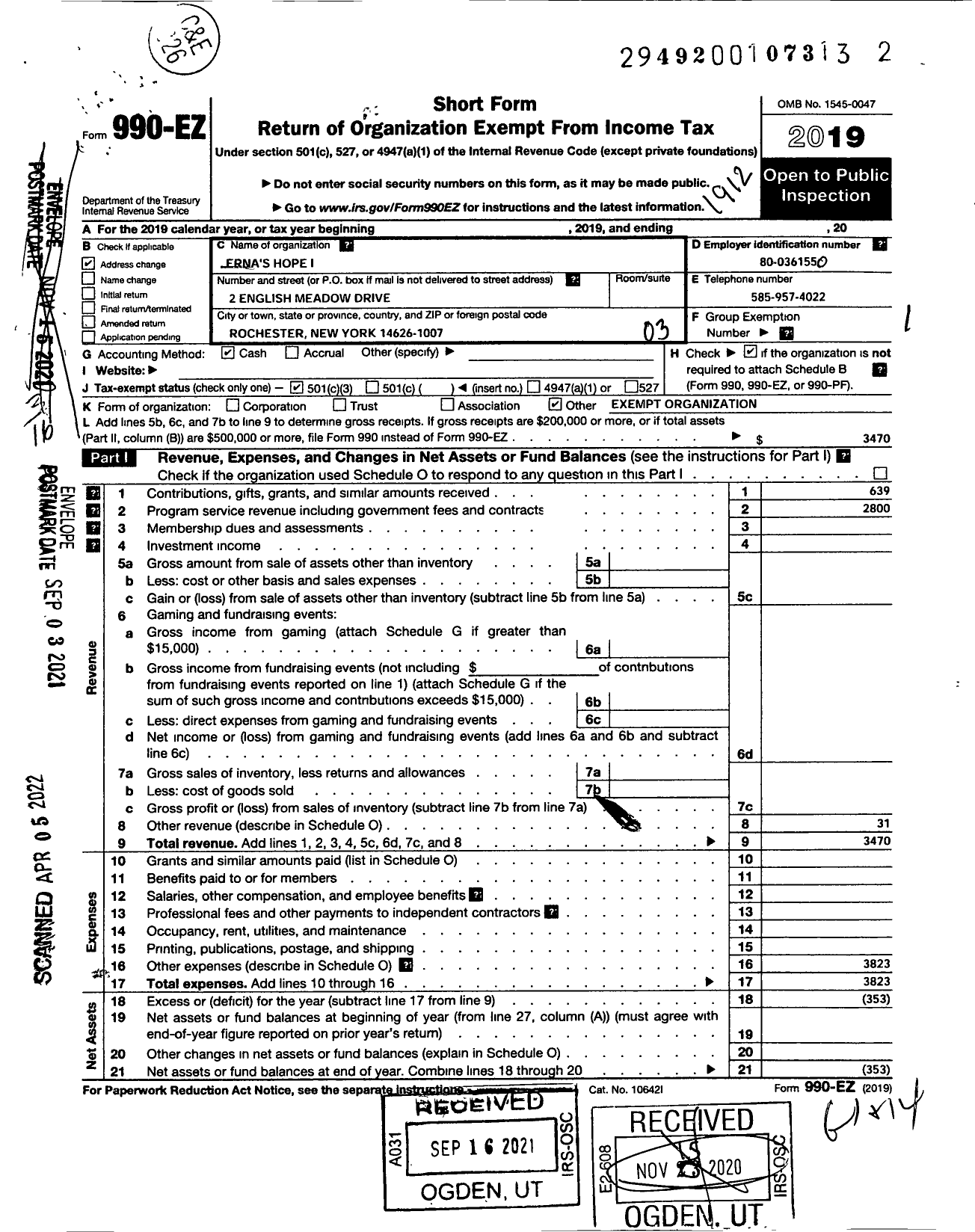 Image of first page of 2019 Form 990EZ for Ernas Hope I