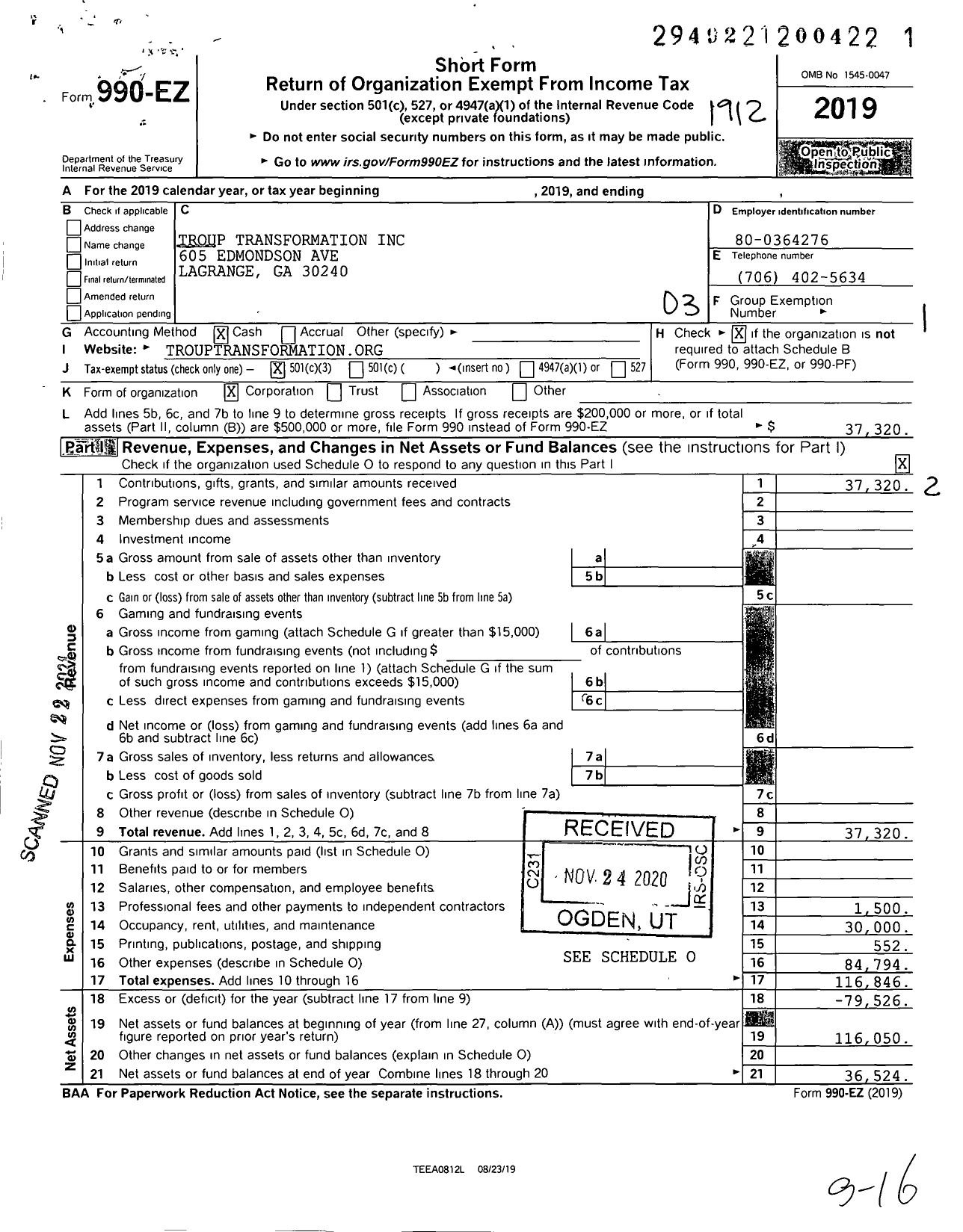 Image of first page of 2019 Form 990EZ for Troup Transformation