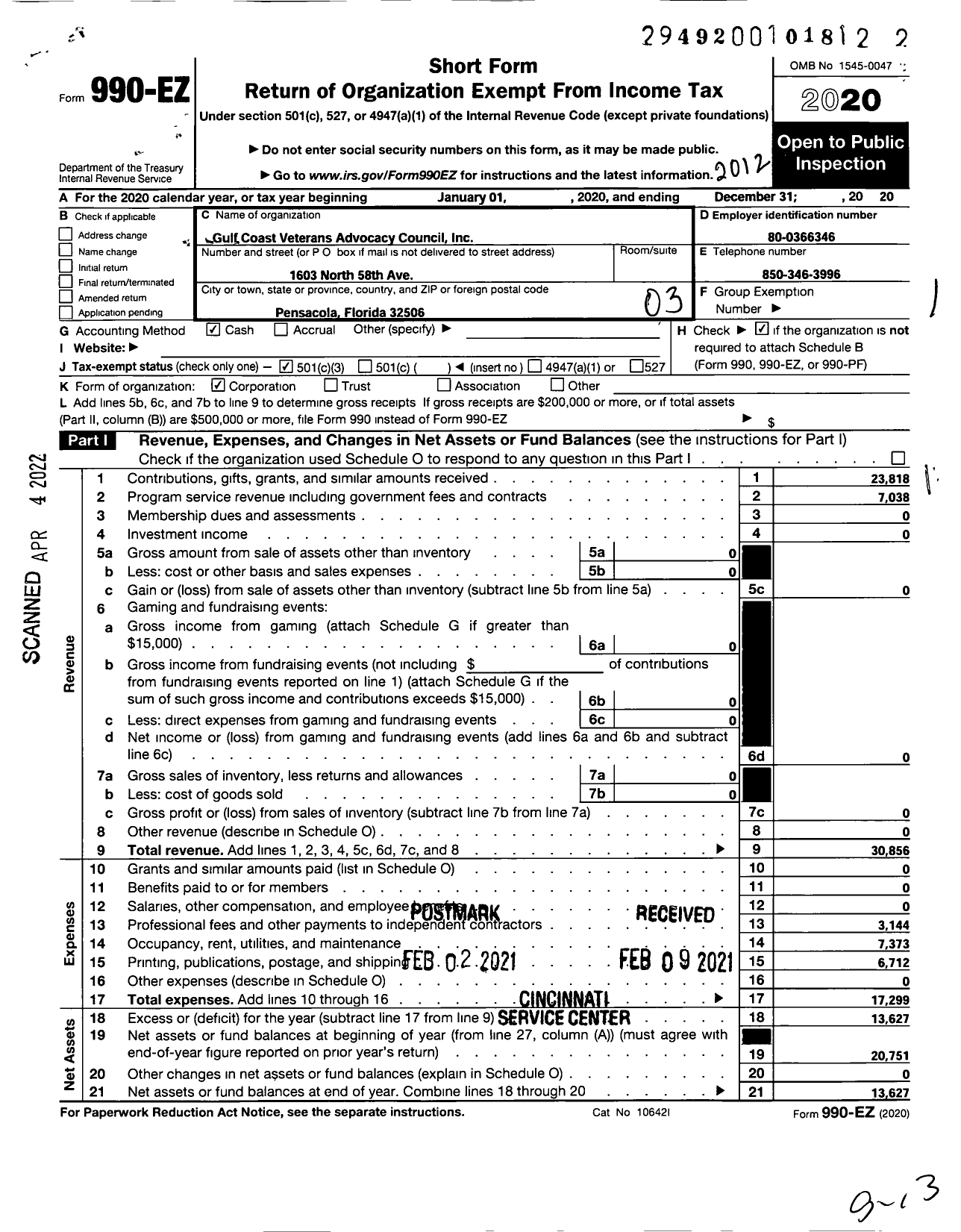 Image of first page of 2020 Form 990EZ for Gulf Coast Veterans Advocacy Council