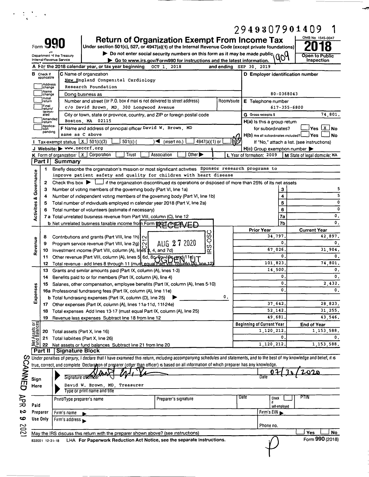 Image of first page of 2018 Form 990 for New England Congenital Cardiology Research Foundation