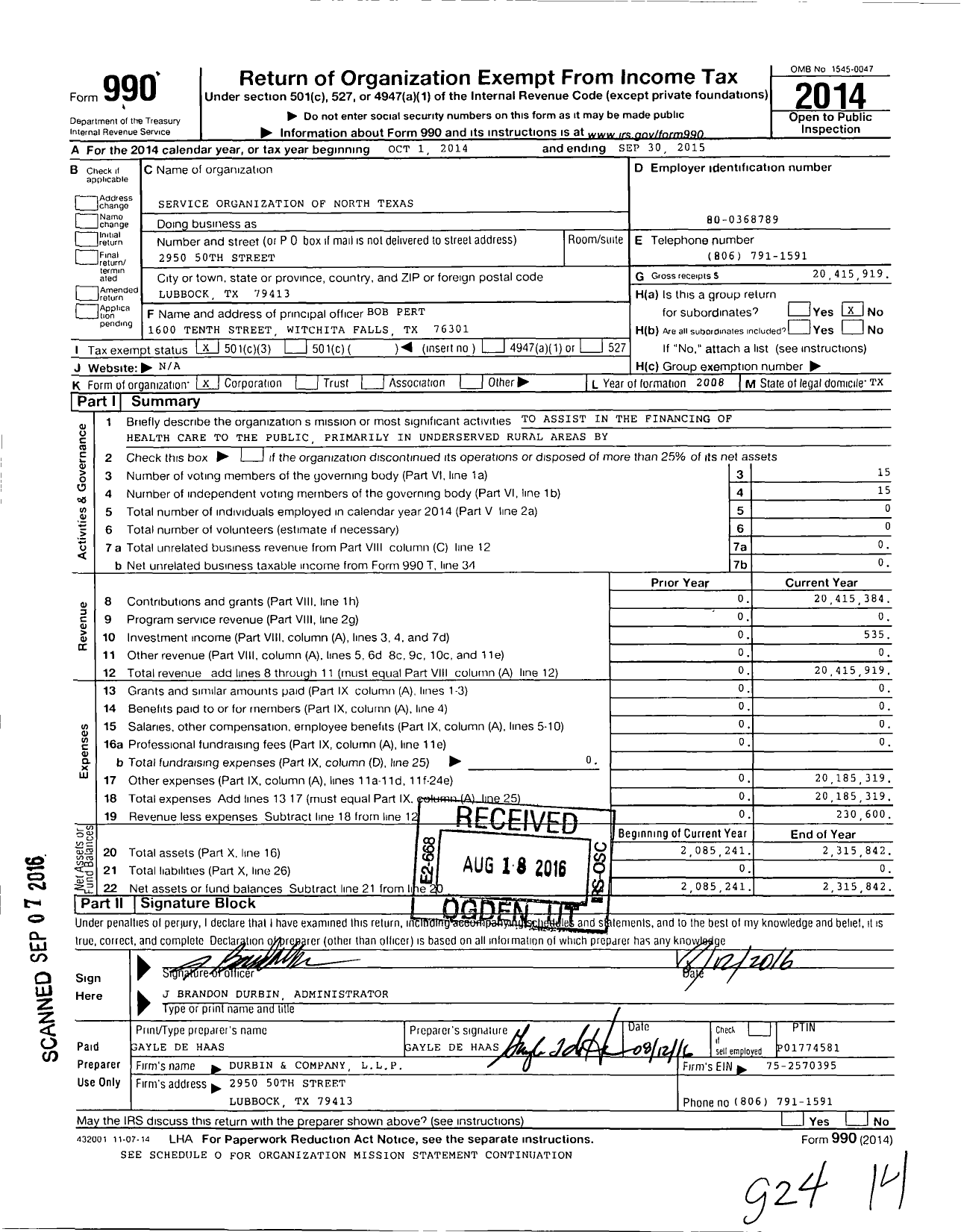 Image of first page of 2014 Form 990 for Service Organization of North Texas