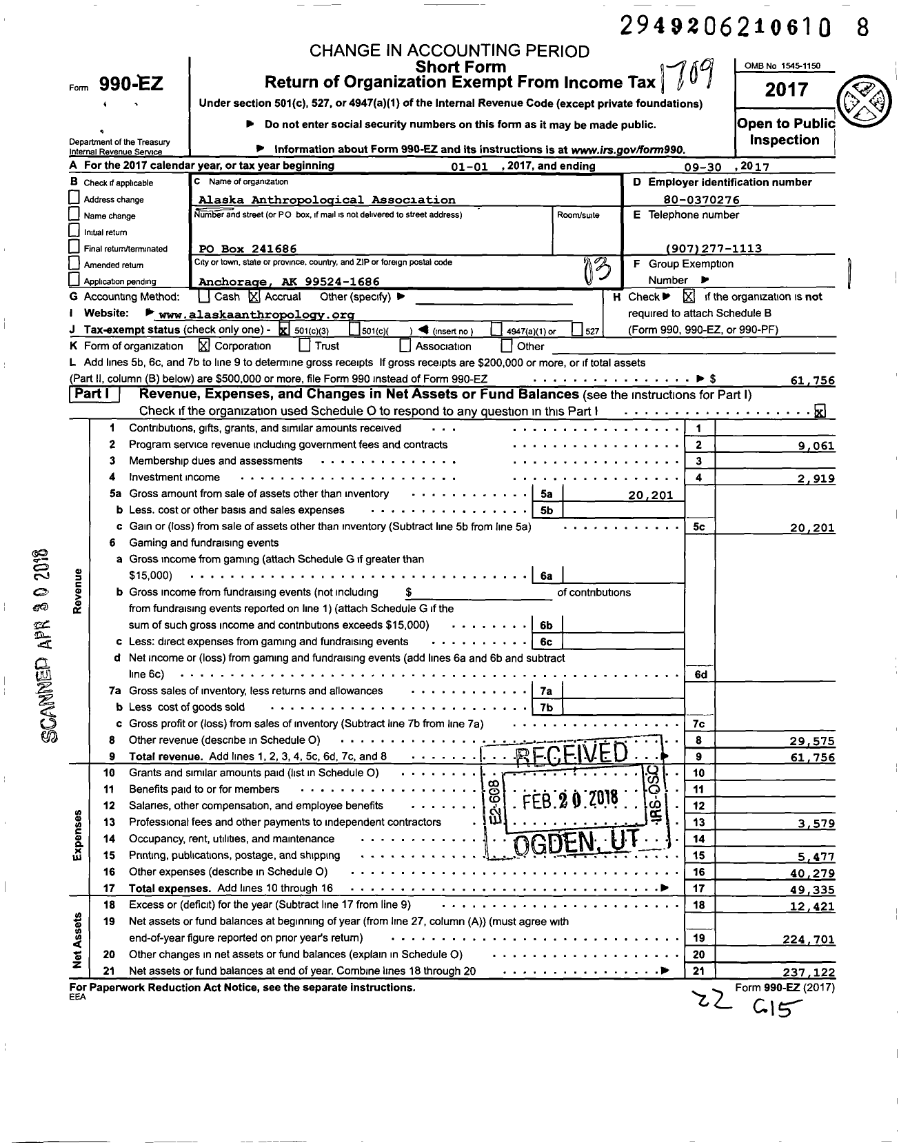 Image of first page of 2016 Form 990EZ for Alaska Anthropological Association