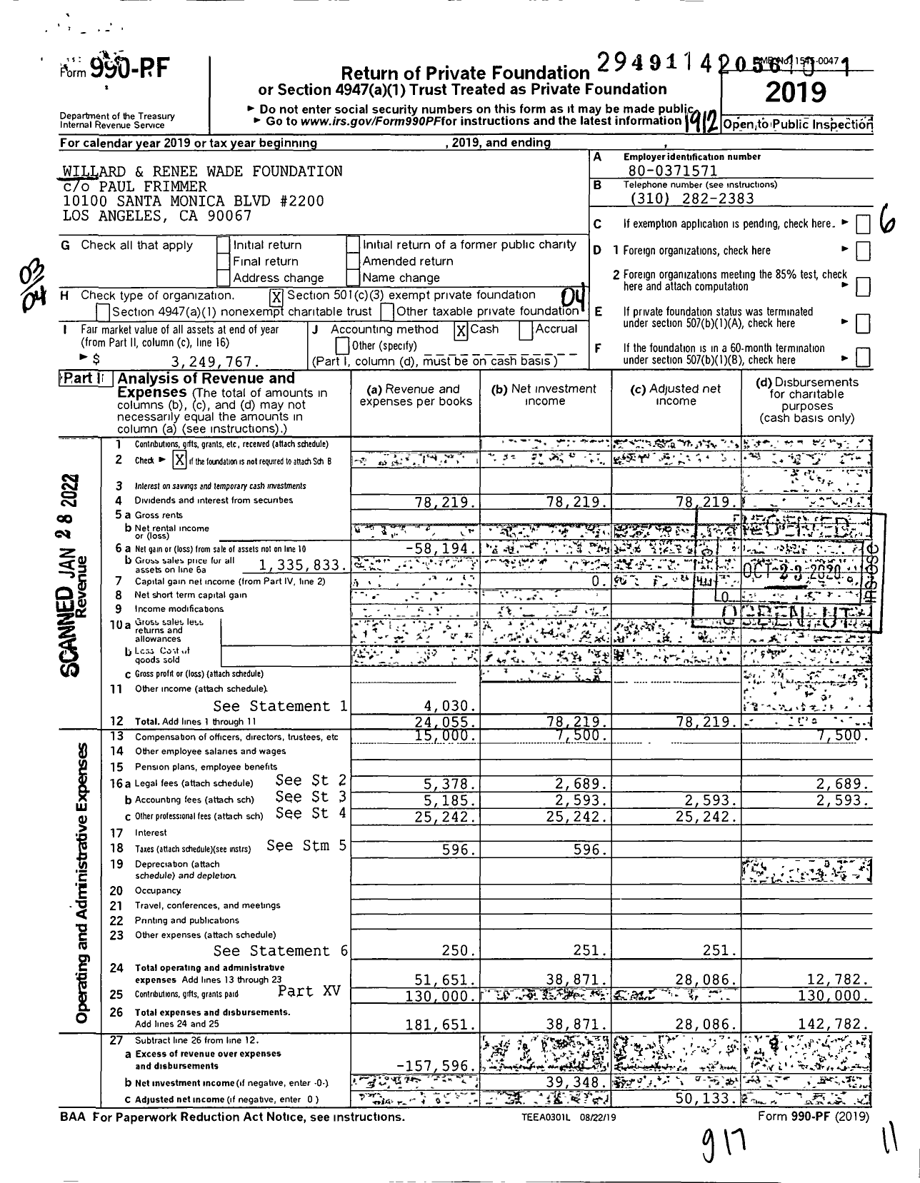 Image of first page of 2019 Form 990PF for Willard and Renee Wade Foundation